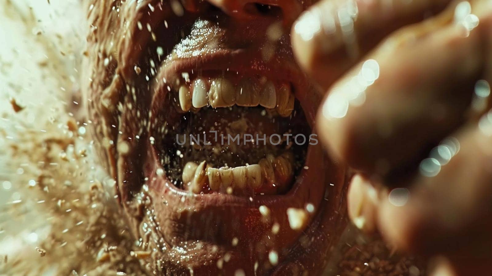 Detailed close-up view of a persons mouth showing broken teeth and part of a fist in the frame.