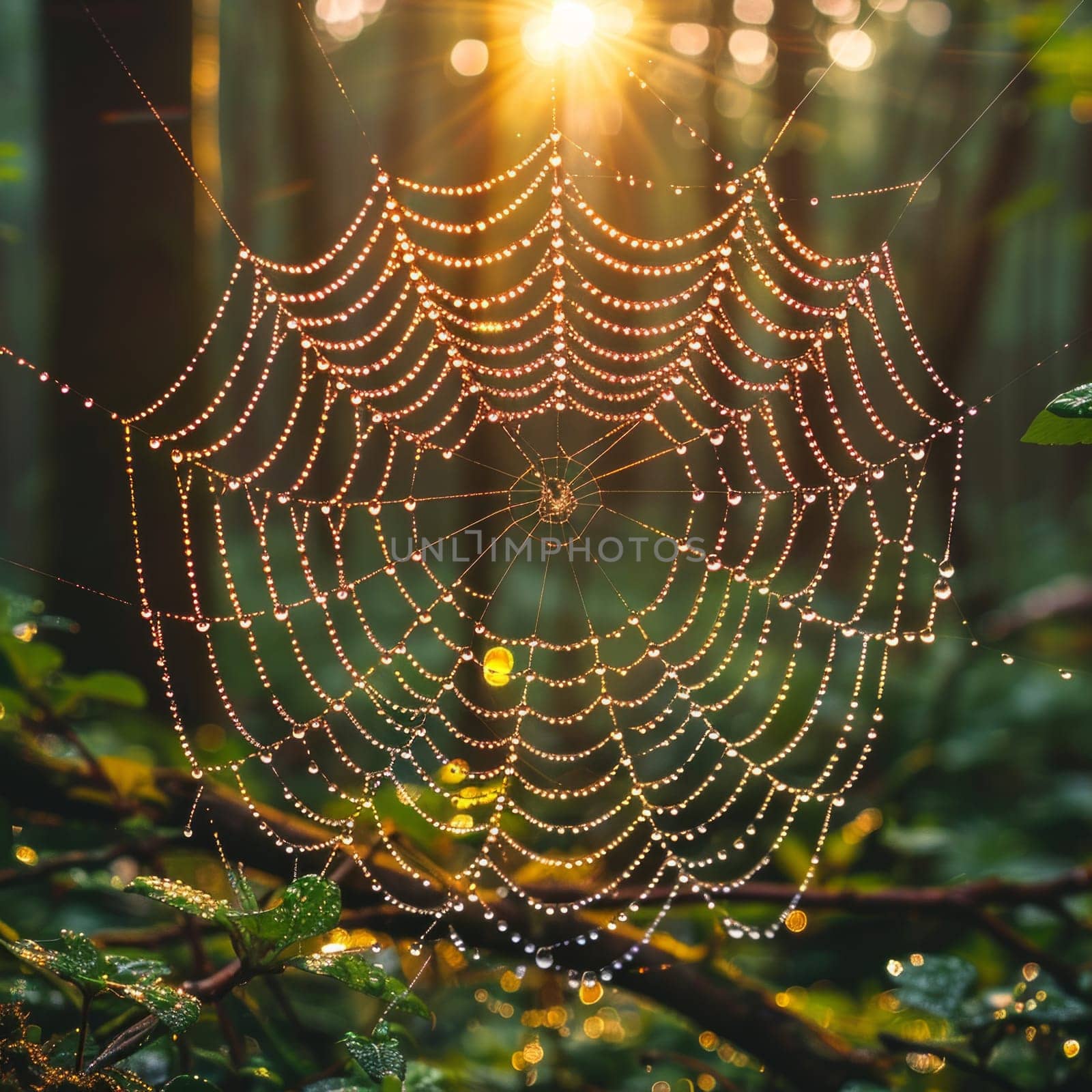 A delicate spider web glistens in the sunlight, suspended in the heart of a dense forest, creating a mesmerizing masterpiece of natures artistry.