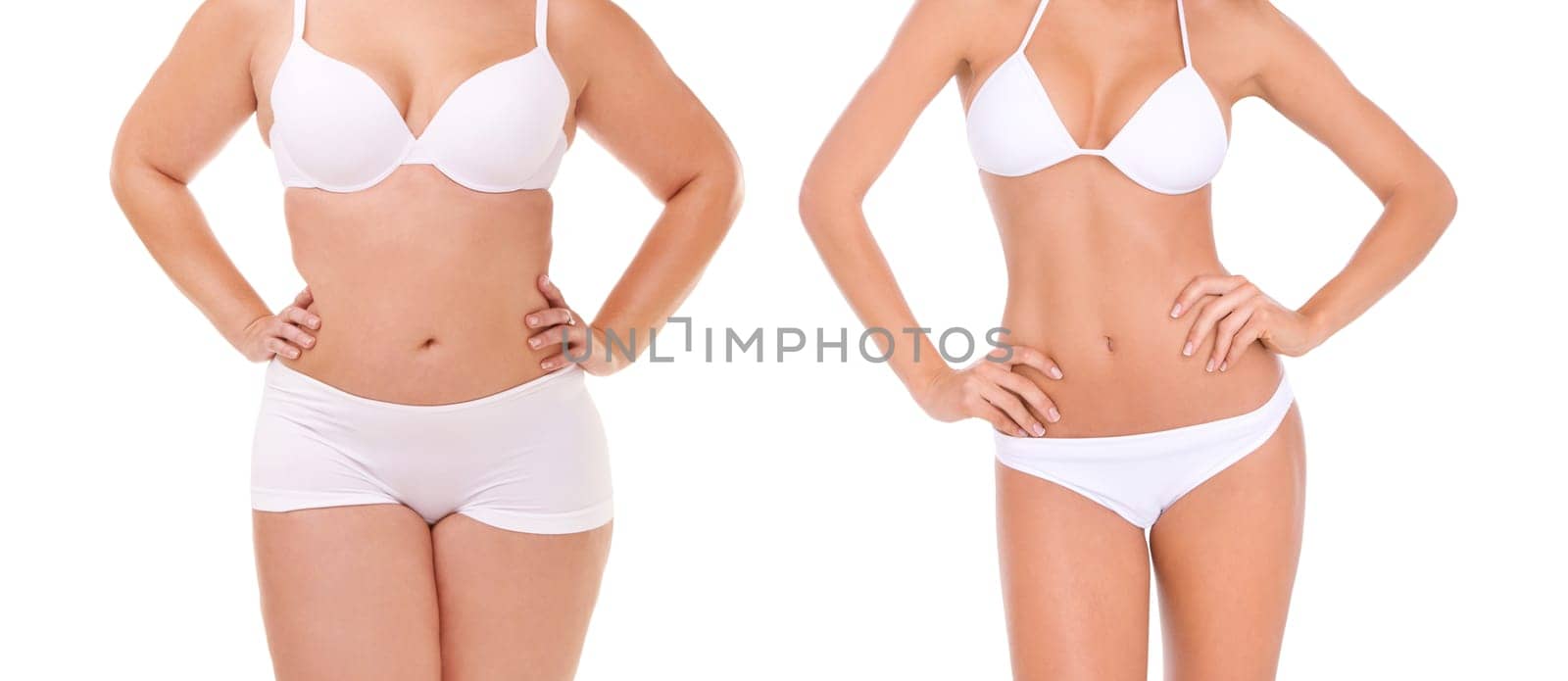Transformation, lose weight and stomach of woman on a white background for diet, detox and wellness. Health, before after and isolated person in underwear for workout, exercise and fitness in studio by YuriArcurs