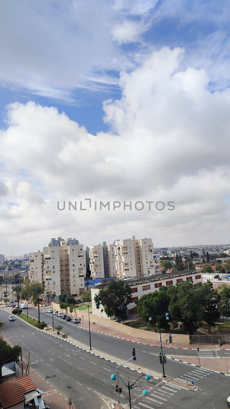 City top view, landscape blue gray light sky nature white clouds whether background . High quality photo
