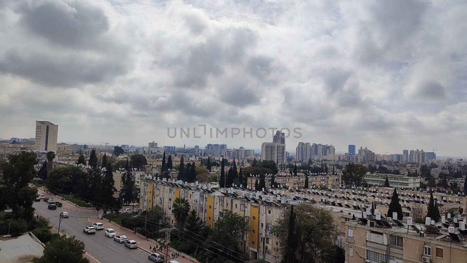 City top view, landscape blue gray light sky nature white clouds whether background . High quality photo