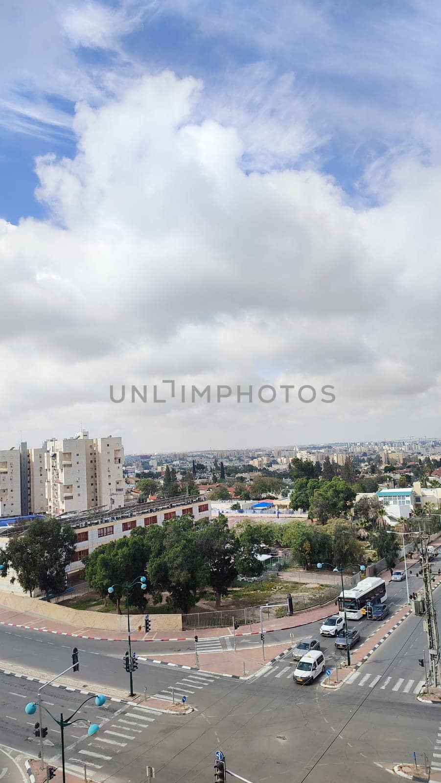 City top view, landscape blue gray light sky nature white clouds whether background . High quality photo