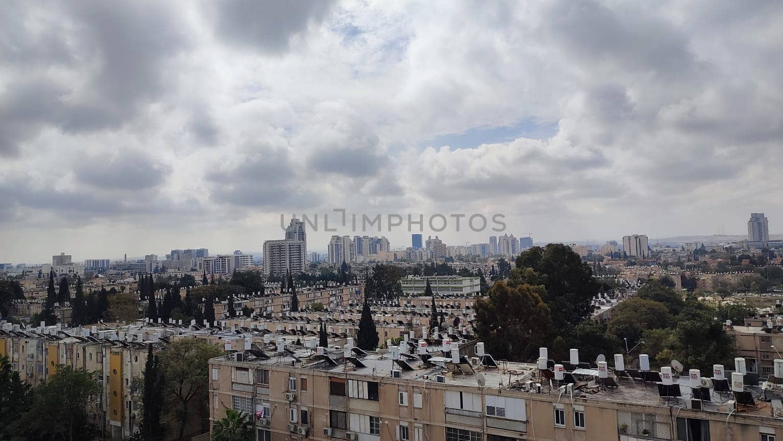 City top view, landscape blue gray light sky nature white clouds whether background . High quality photo