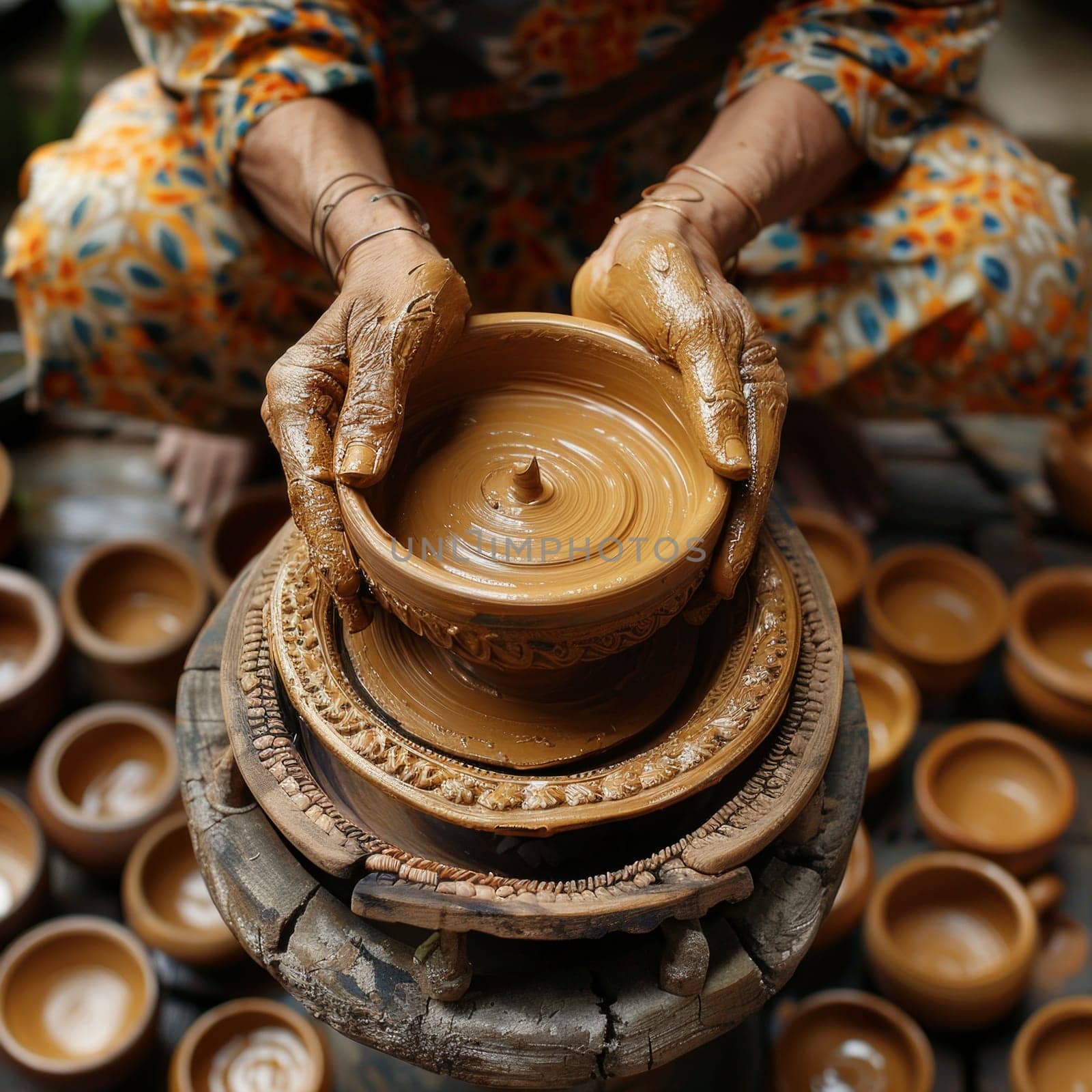 A skilled woman is delicately shaping a pot out of clay, molding and sculpting with precision and care.