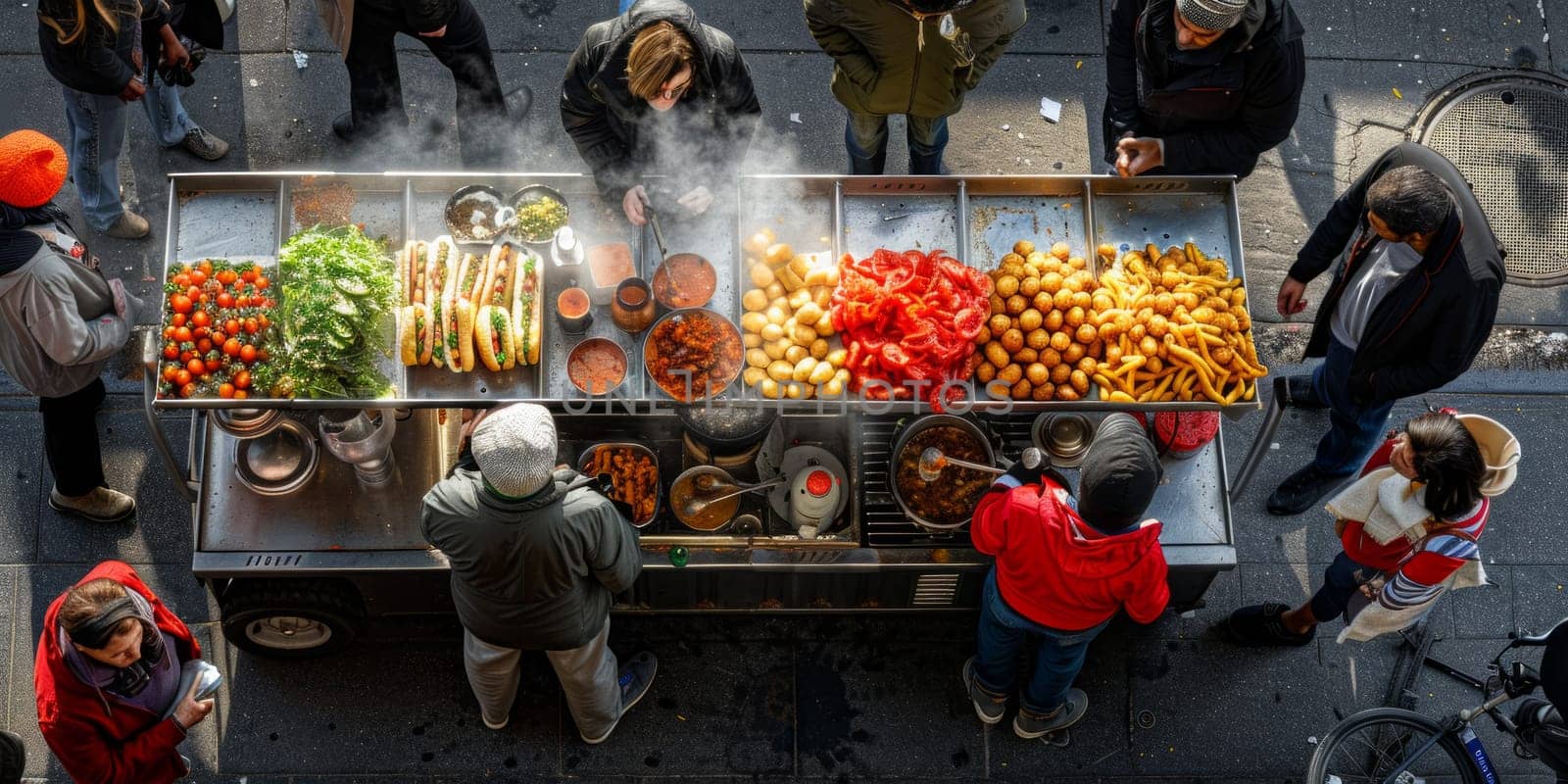 A vibrant group of people eagerly await their delicious food orders at a bustling food truck stand.