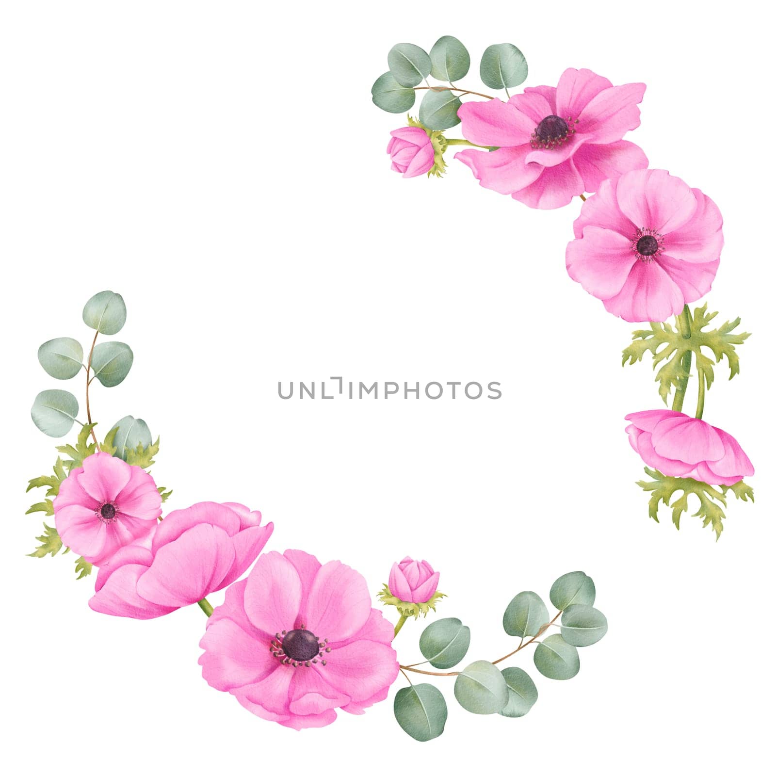A vibrant circular frame composed of pink anemones, lush greenery, and delicate eucalyptus branches. for invitations, greeting cards, posters, and social media graphics, touch of elegance and charm.