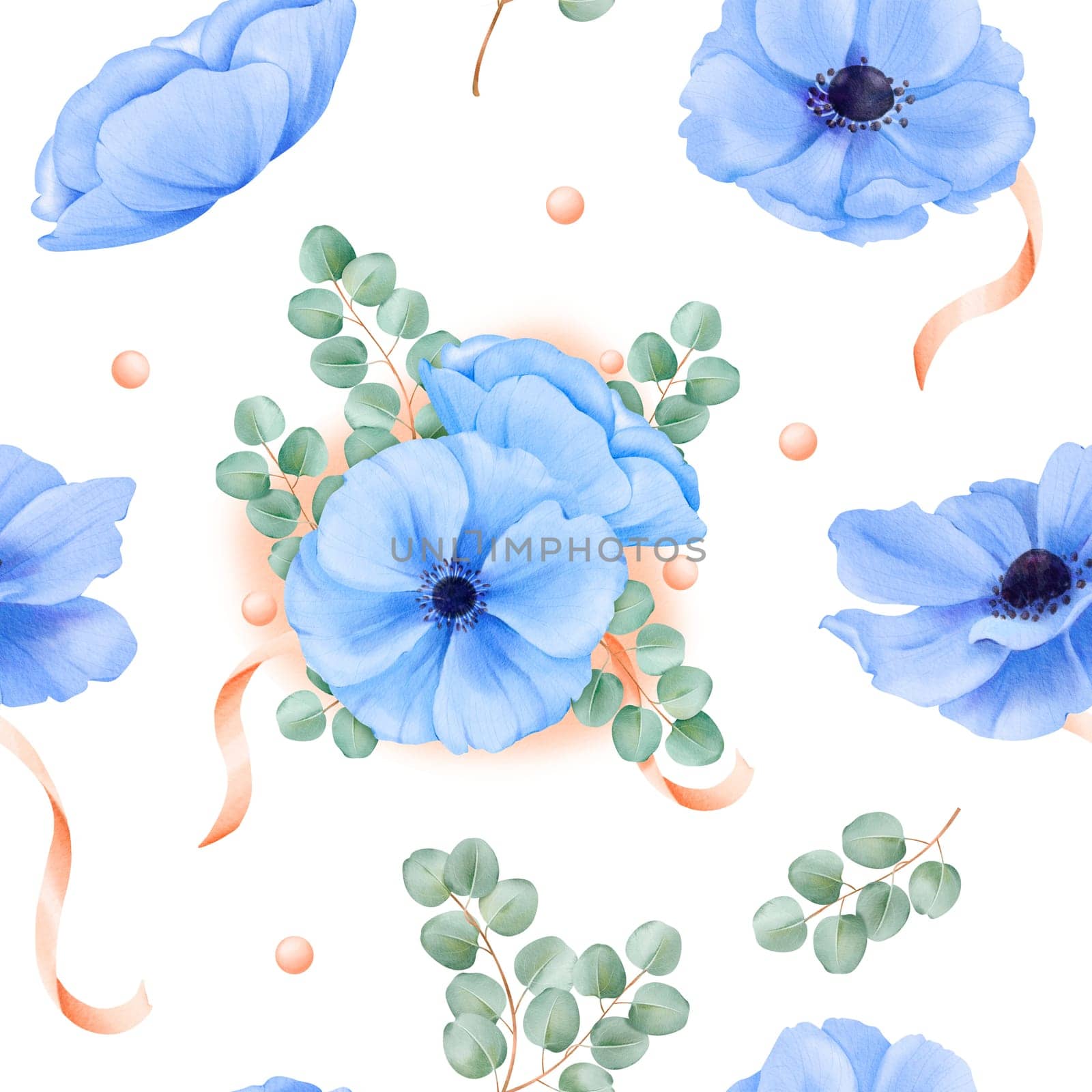 A seamless pattern watercolor floral. blue anemones, satin ribbons, sparkling rhinestones eucalyptus leaves. for fabric prints, digital wallpapers, stationery designs, and decorative artworks by Art_Mari_Ka