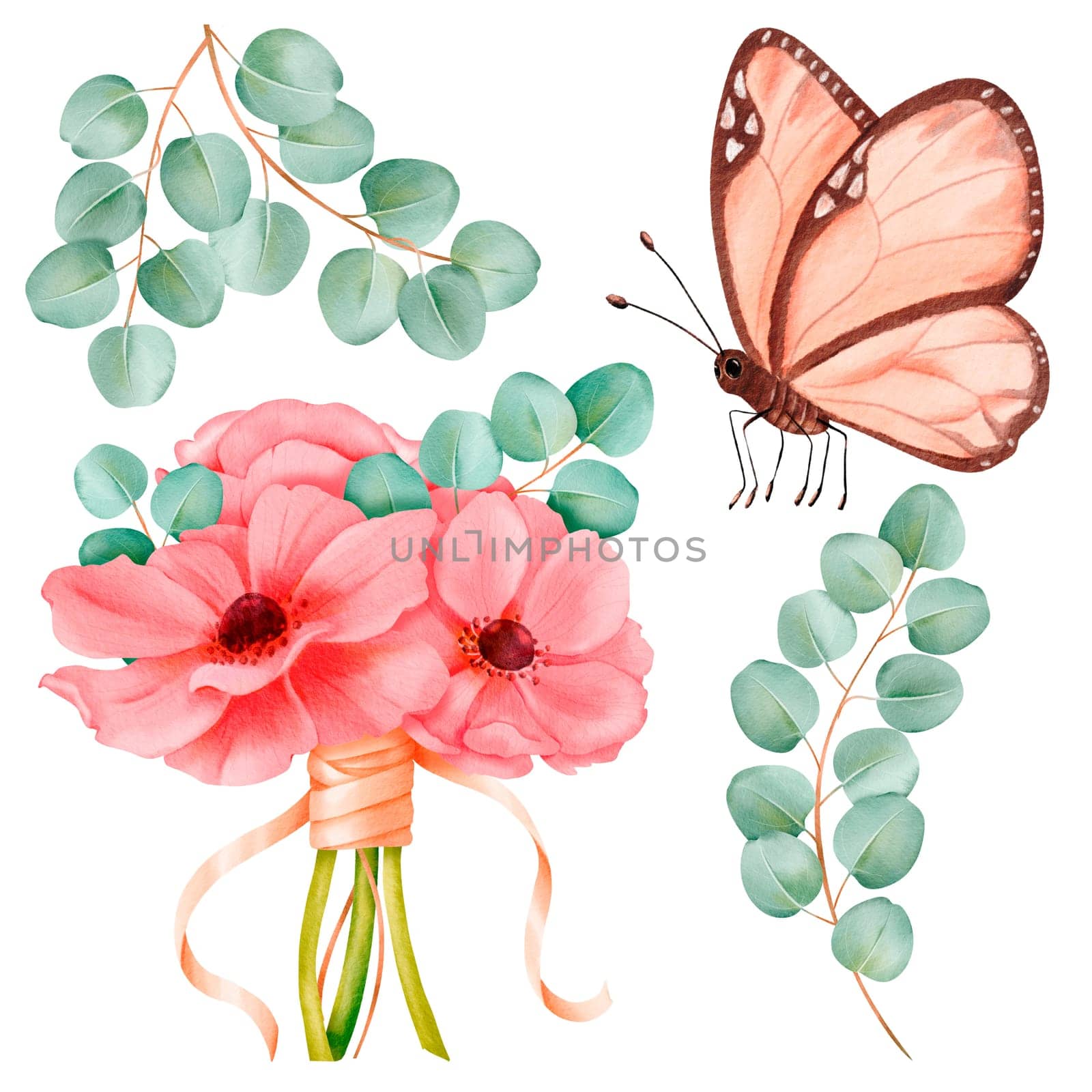 Watercolor set featuring a bouquet of pink anemones tied with a ribbon, adorned with a butterfly and eucalyptus branches. for greeting cards, stationery, wedding invitations and floral-themed designs by Art_Mari_Ka