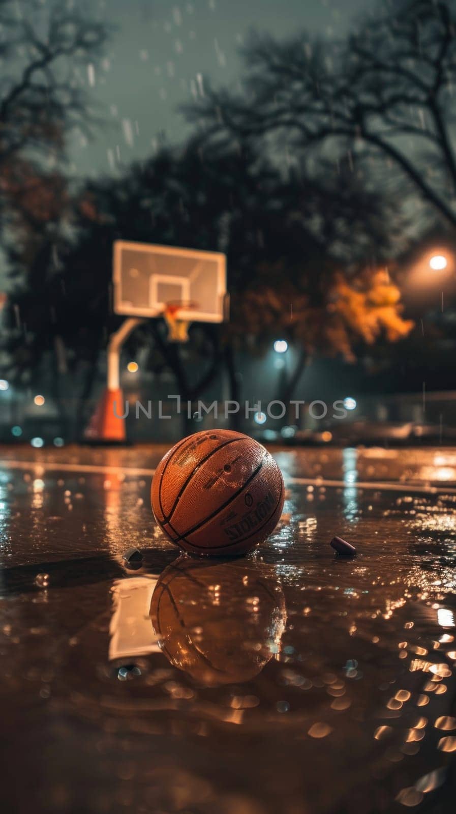 A basketball is sitting on the ground in front of a basketball hoop.