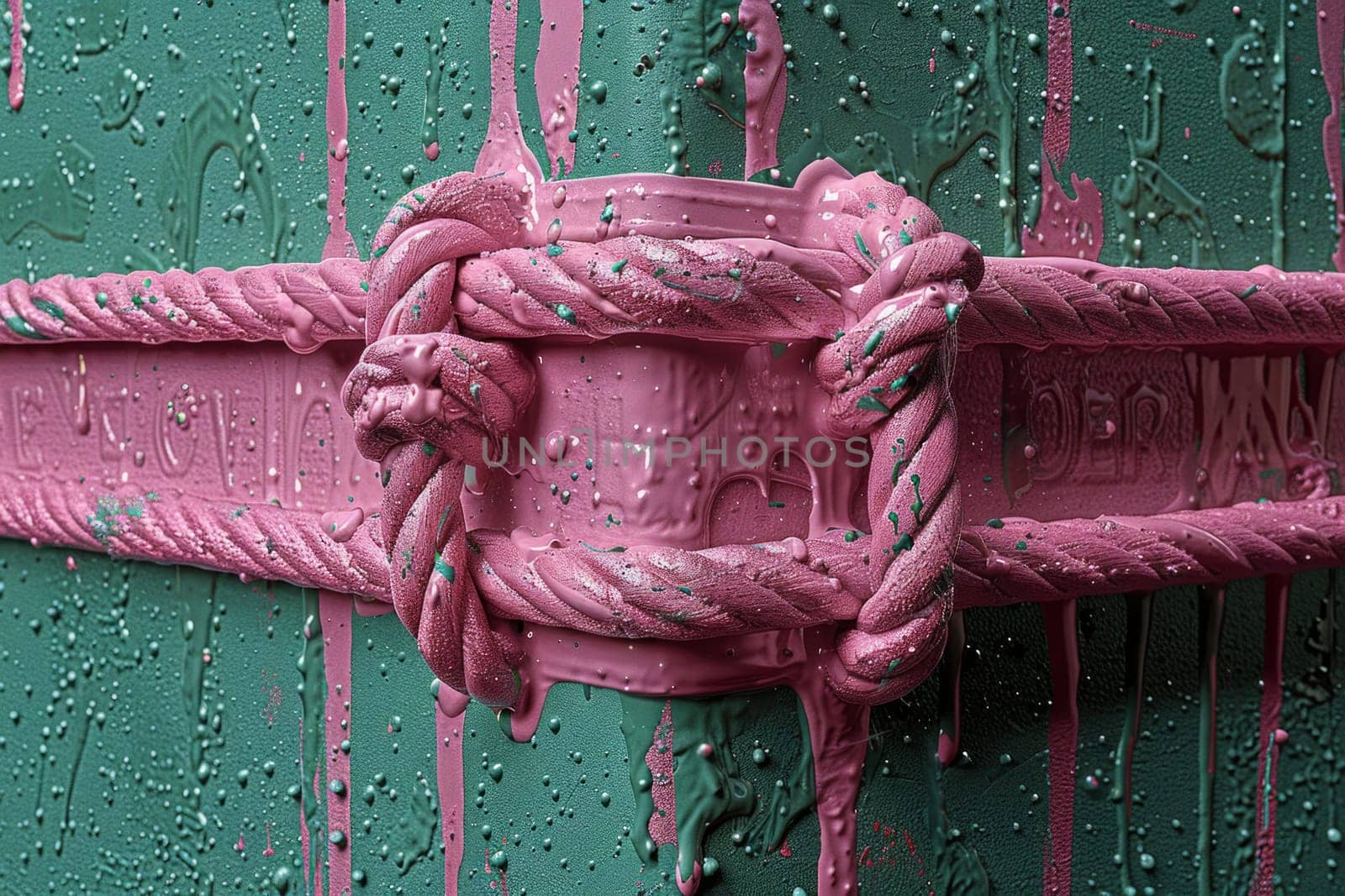 A close-up view of a plush pink ring-shaped door handle attached to a vibrant green door, embodying a sense of charm and allure.