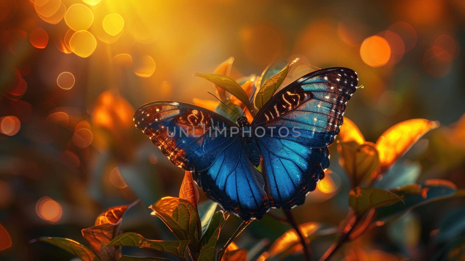 A butterfly is sitting on a leaf in a field of yellow flowers. The butterfly is blue and has a bright, cheerful appearance. The scene is peaceful and serene