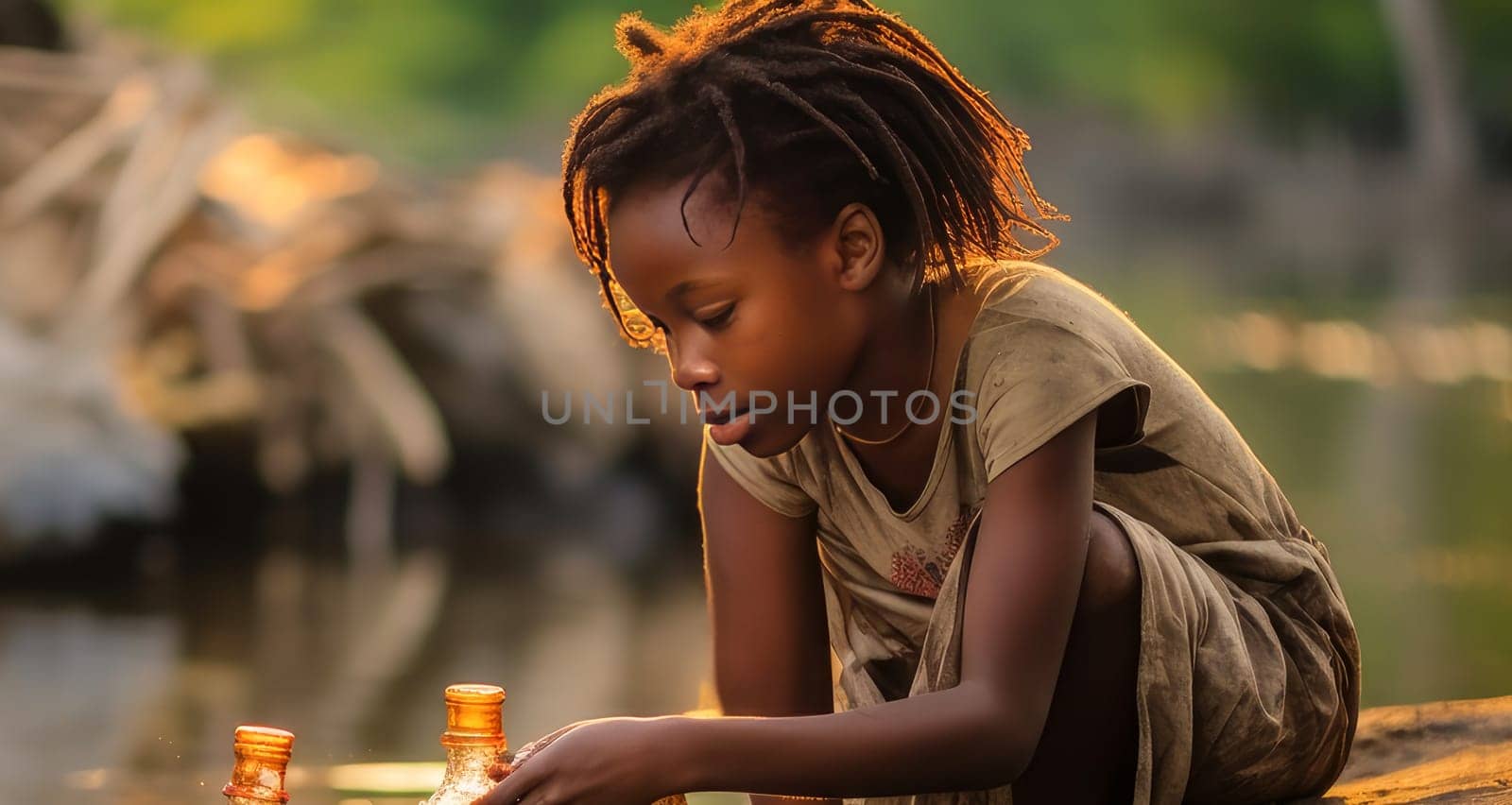 Poor, beggar, hungry dark-skinned child boy Africa, washing dishes in a dirty river, anti-sanitation. Water shortage on Earth due to global warming, drought, famine. Climate change, crisis environment, water crisis. Saving natural resources, planet