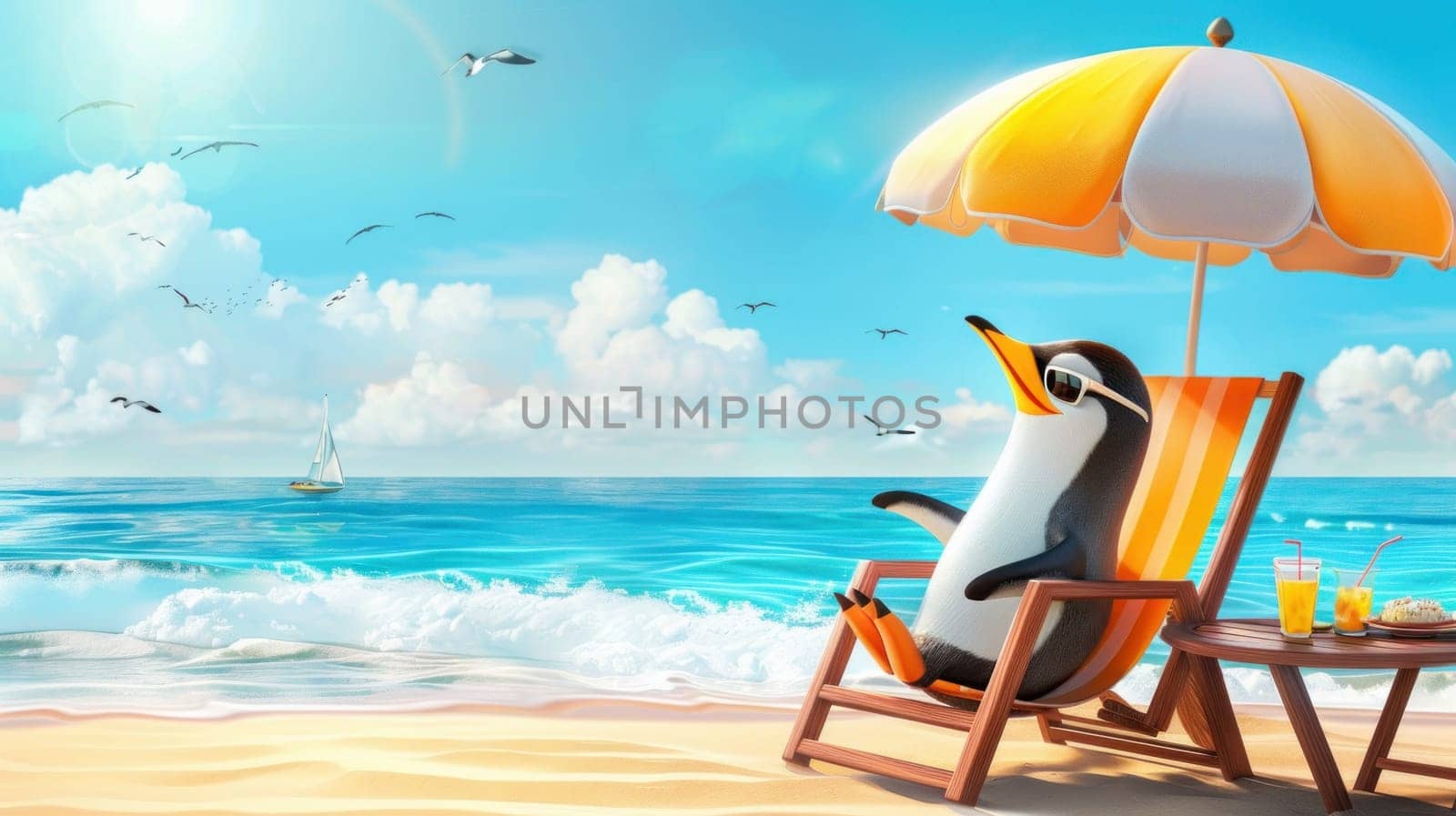 A cartoon penguin is sitting in a beach chair under an umbrella. The scene is bright and sunny, with a boat in the distance and several birds flying overhead