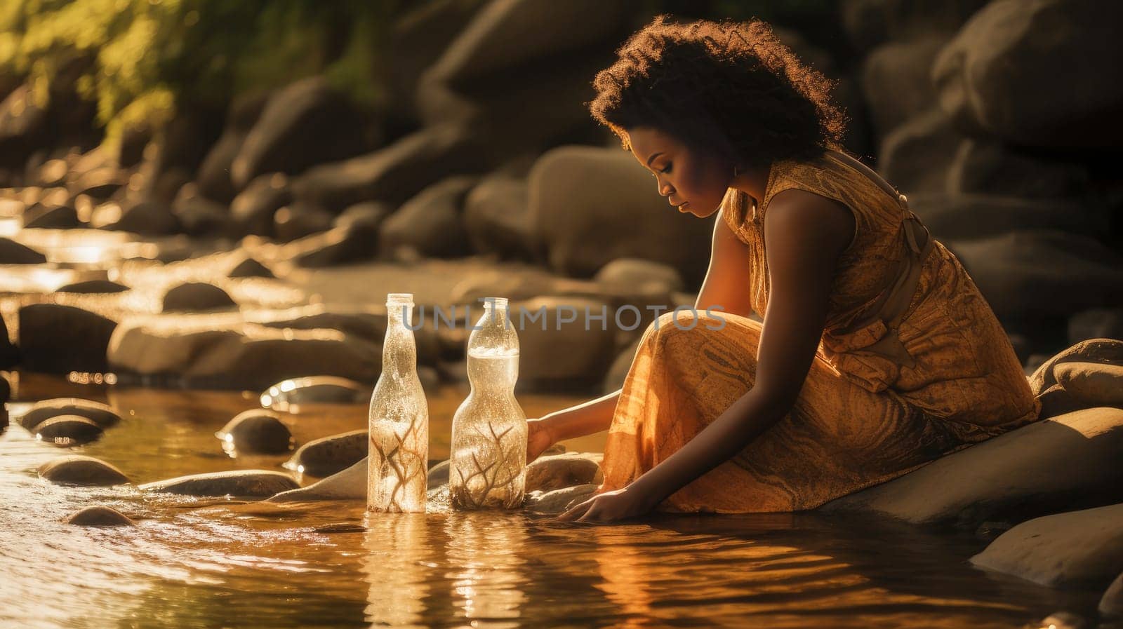A poor, beggar, hungry dark-skinned, thin woman, girl in Africa washes dishes in a dirty river, unsanitary conditions. Water shortage on Earth due to global warming, drought, famine. Climate change, crisis environment, water crisis. Saving natural