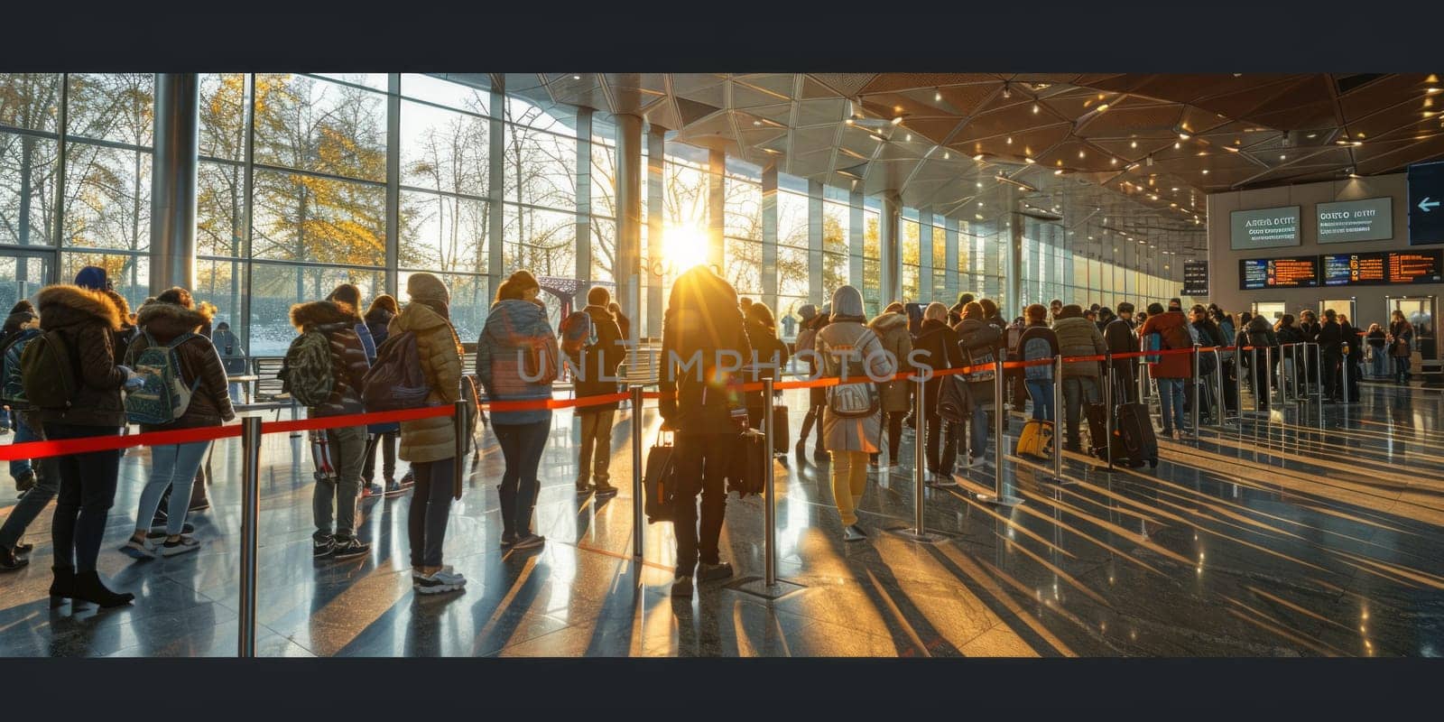 A group of individuals are patiently waiting in a queue at an airport terminal, likely waiting to check-in or board their flight.