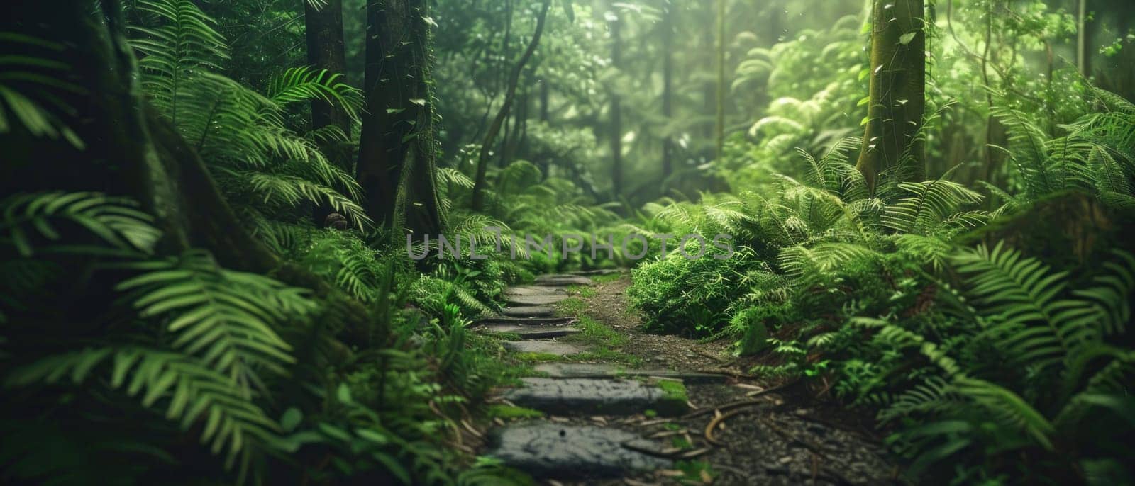 A forest path with a stone walkway. The path is surrounded by lush green trees and plants. Scene is peaceful and serene, as if one is walking through a hidden, untouched part of nature