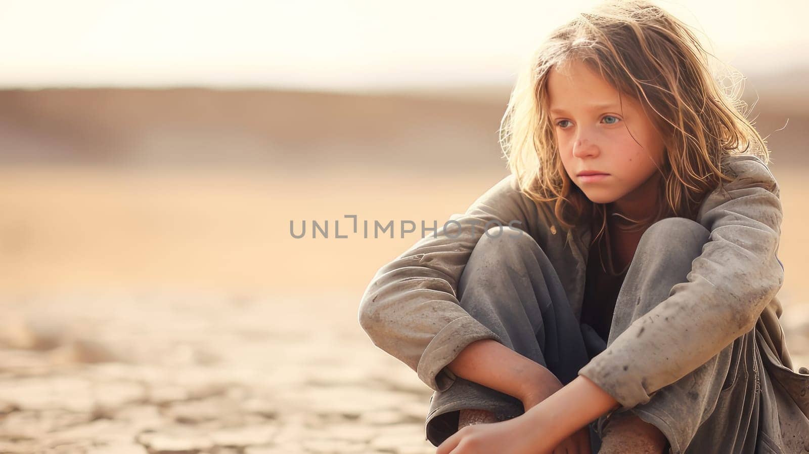 A poor, beggar, hungry, dirty Caucasian child boy, sitting on the ground cracked by drought. Water shortage on Earth due to global warming, drought, famine. Climate change, crisis environment, water crisis. Saving natural resources, planet suffers