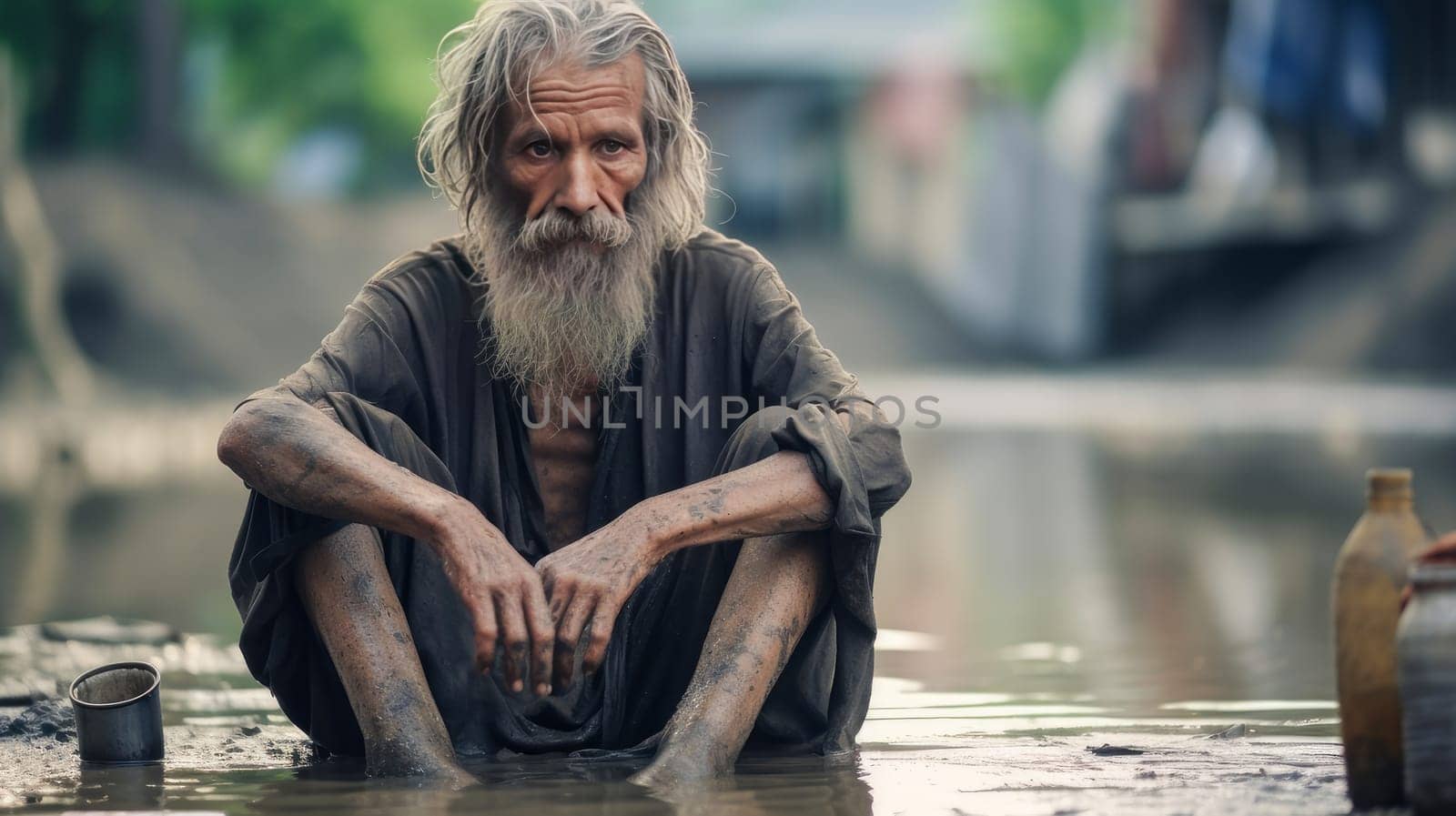 Poor, beggar, hungry dirty old elderly man begging for alms. Water shortage on Earth due to global warming, drought, famine. Climate change, crisis environment, water crisis. Saving natural resources, planet suffers