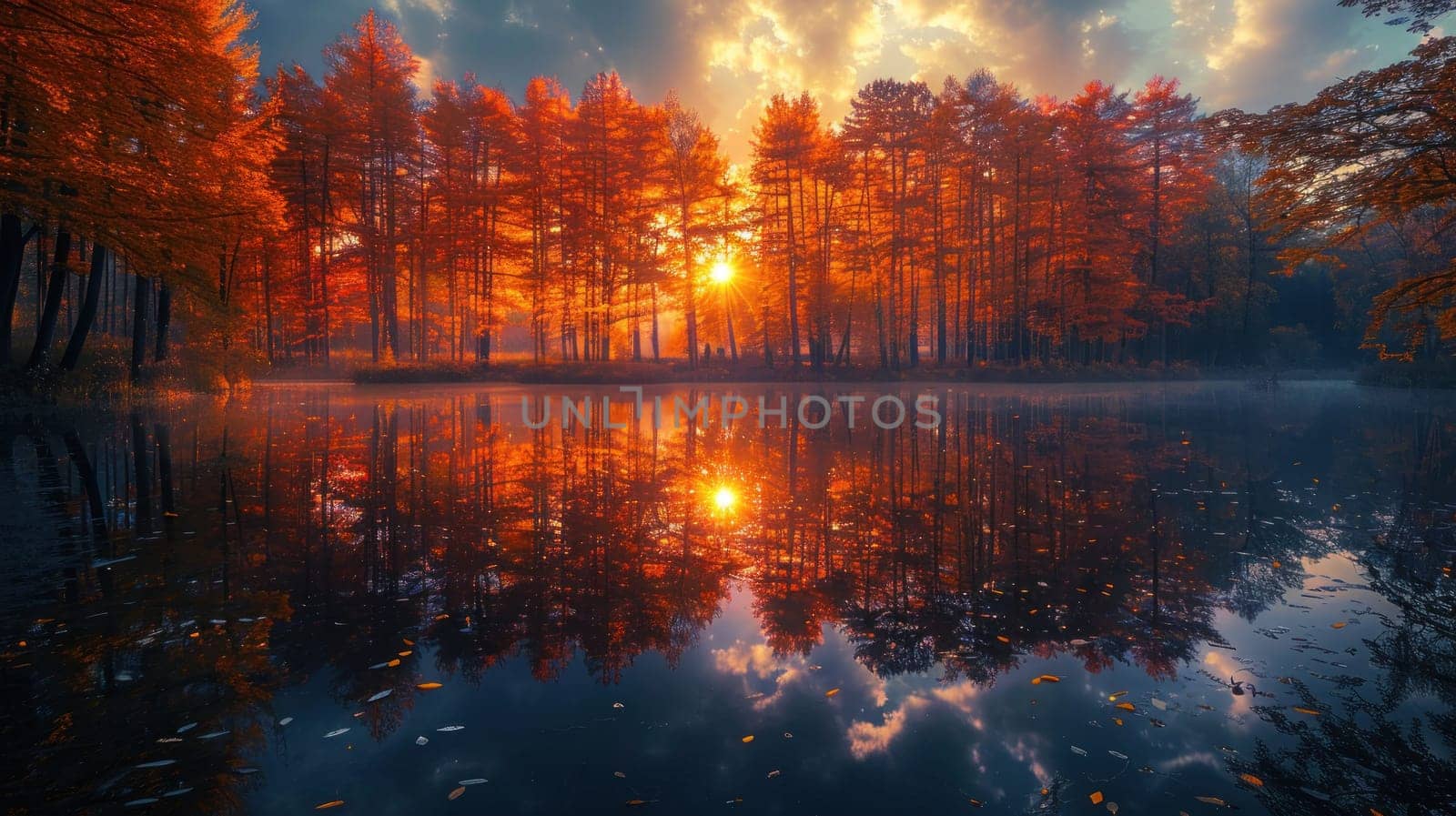 A beautiful autumn day with a sun shining on a lake. The trees are orange and the water is calm