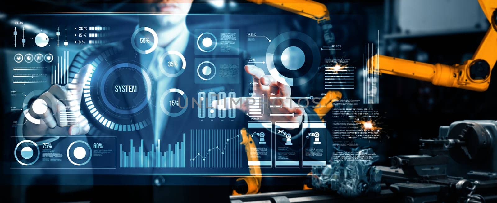 XAI Advanced robot arm system for digital industry and factory robotic technology. Automation manufacturing robot controlled by industry engineering using IOT software connected to internet network.