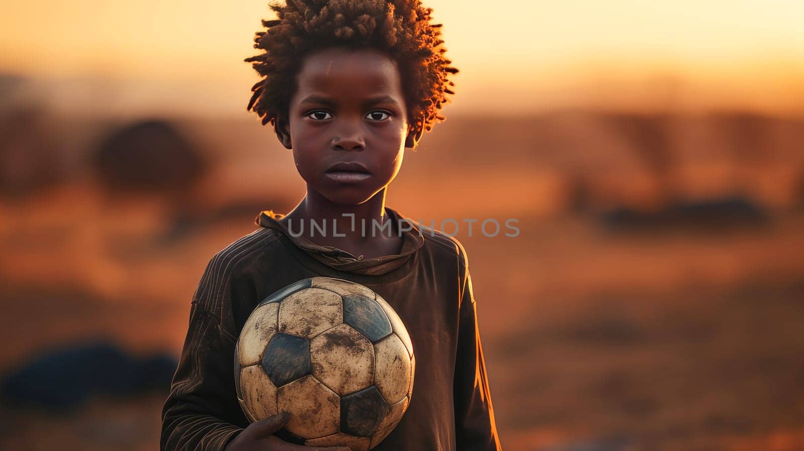 Portrait of a poor, beggar happy black African boy with a soccer ball in his hands. Water shortage on Earth due to global warming, drought, famine. Climate change, crisis environment, water crisis. Saving natural resources, planet suffers