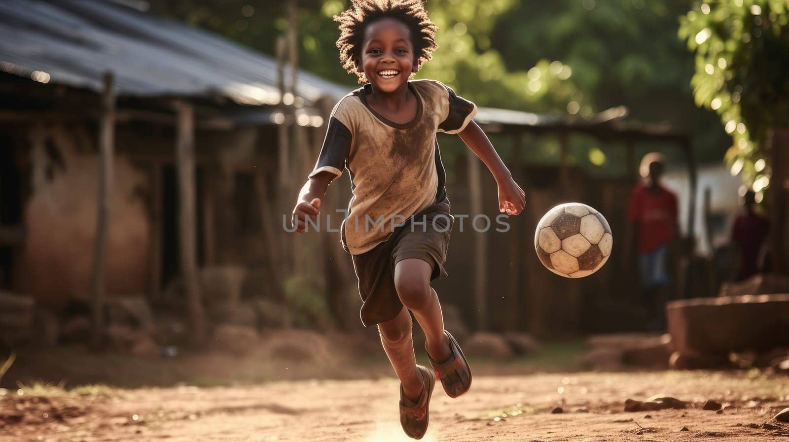 A poor, beggar, talented happy black African boy plays football with a soccer ball his village. Water shortage on Earth due to global warming, drought, famine. Climate change, crisis environment, water crisis. Saving natural resources, planet suffers