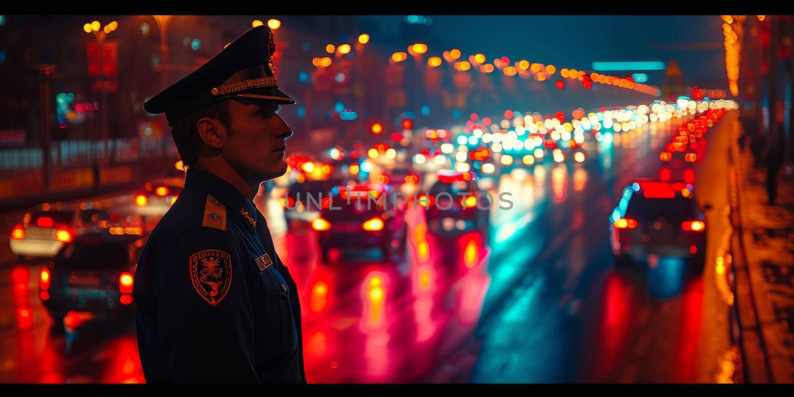 A police officer stands tall in the midst of a deserted street, bathed in the dim glow of streetlights, keeping a watchful eye on the surroundings.