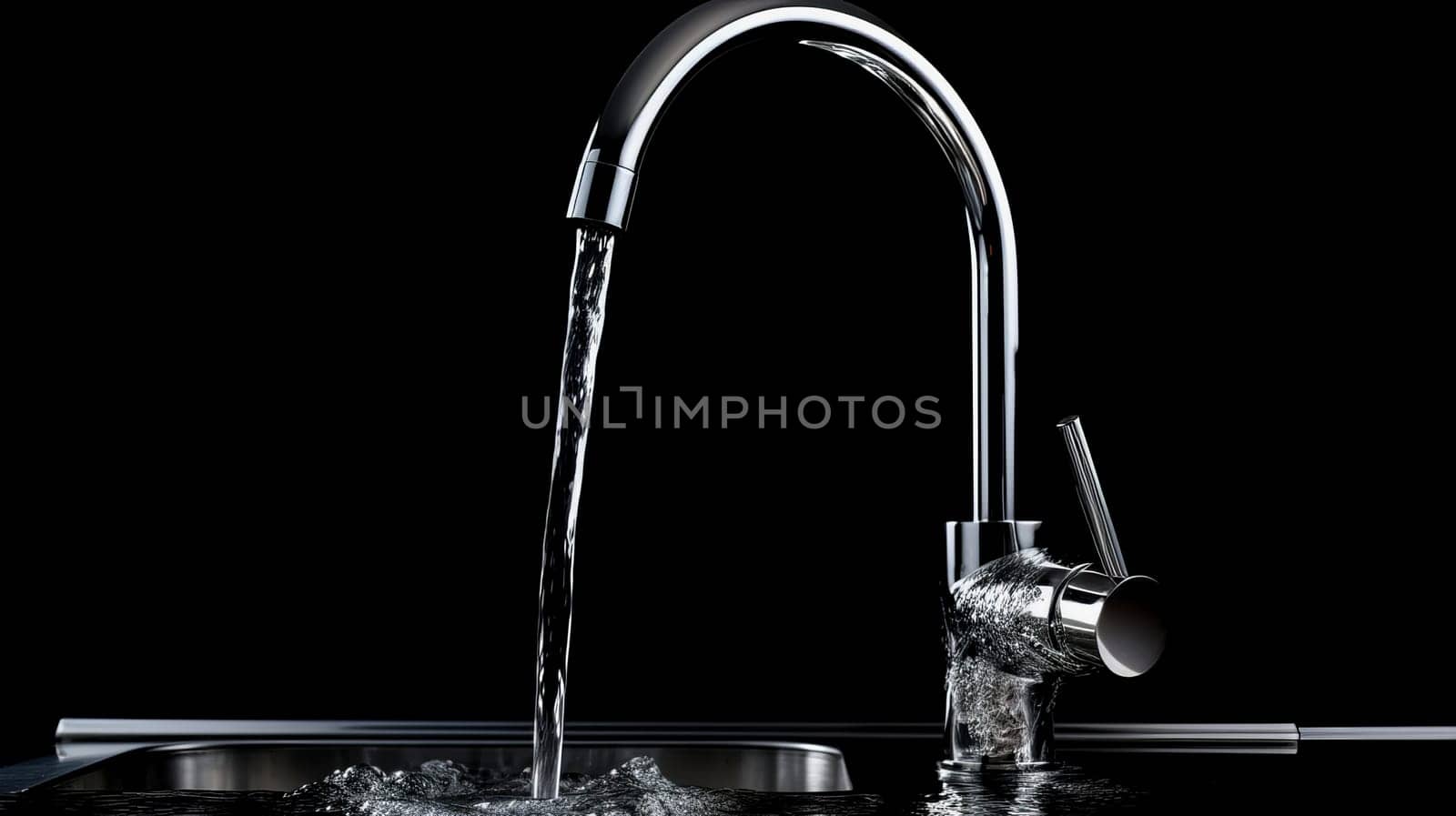 A tap from which water flows on a black background. Water shortage on Earth due to global warming, drought, famine. Climate change, crisis environment, water crisis. Saving natural resources, planet suffers