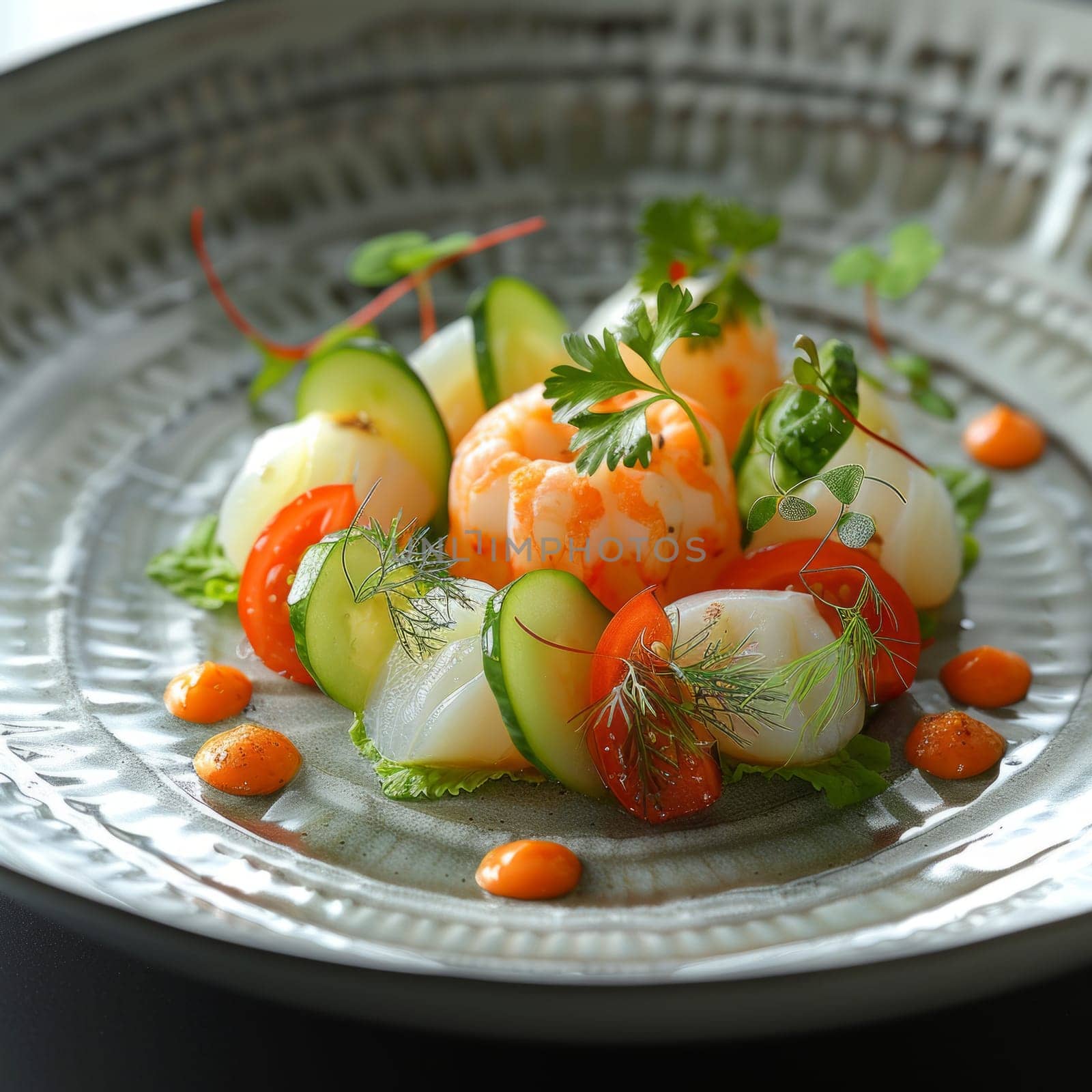 A colorful plate filled with succulent shrimp, crisp cucumbers, and vibrant carrots, creating a feast for the senses by but_photo