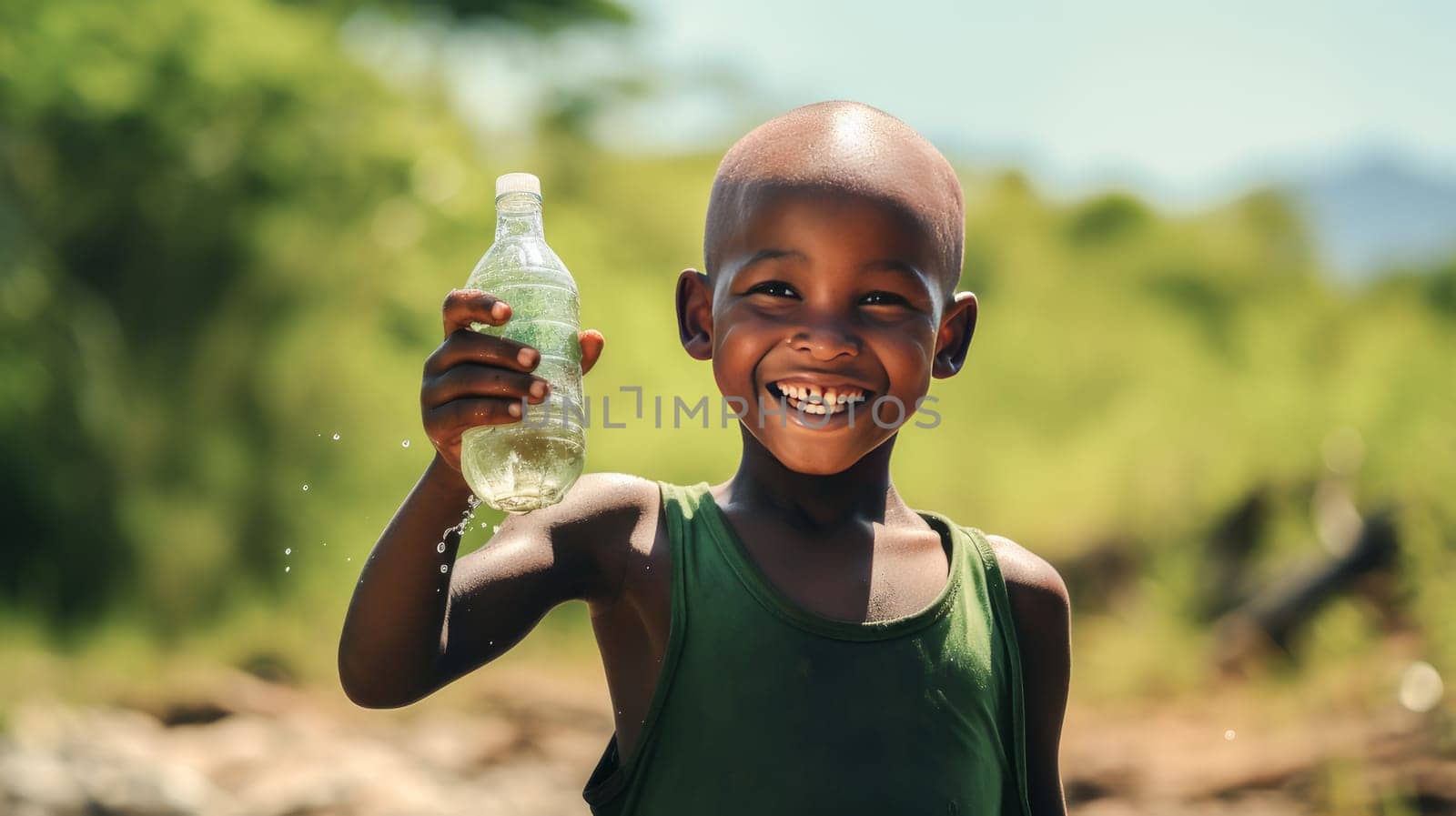 Poor, beggar, hungry smiling child in Africa thirsty to drink water from plastic bottle. water shortage on Earth due to global warming, drought and famine. Climate change, crisis environment and water crisis. Saving natural resources, planet suffers