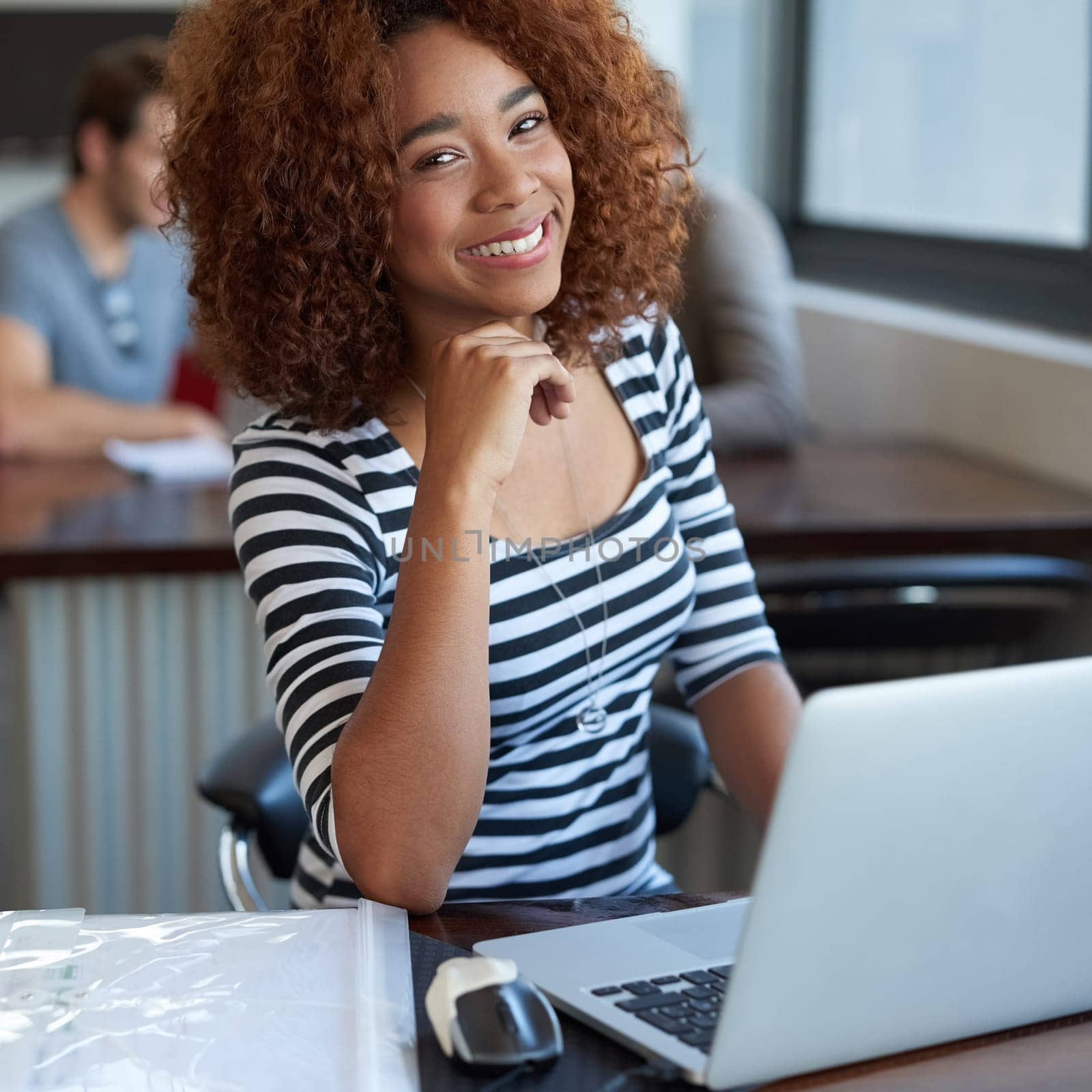 Technology, smile and portrait black woman with laptop in office, workspace and staff in creative career. Female person, internship and journalist for magazine, newspaper and online publication.