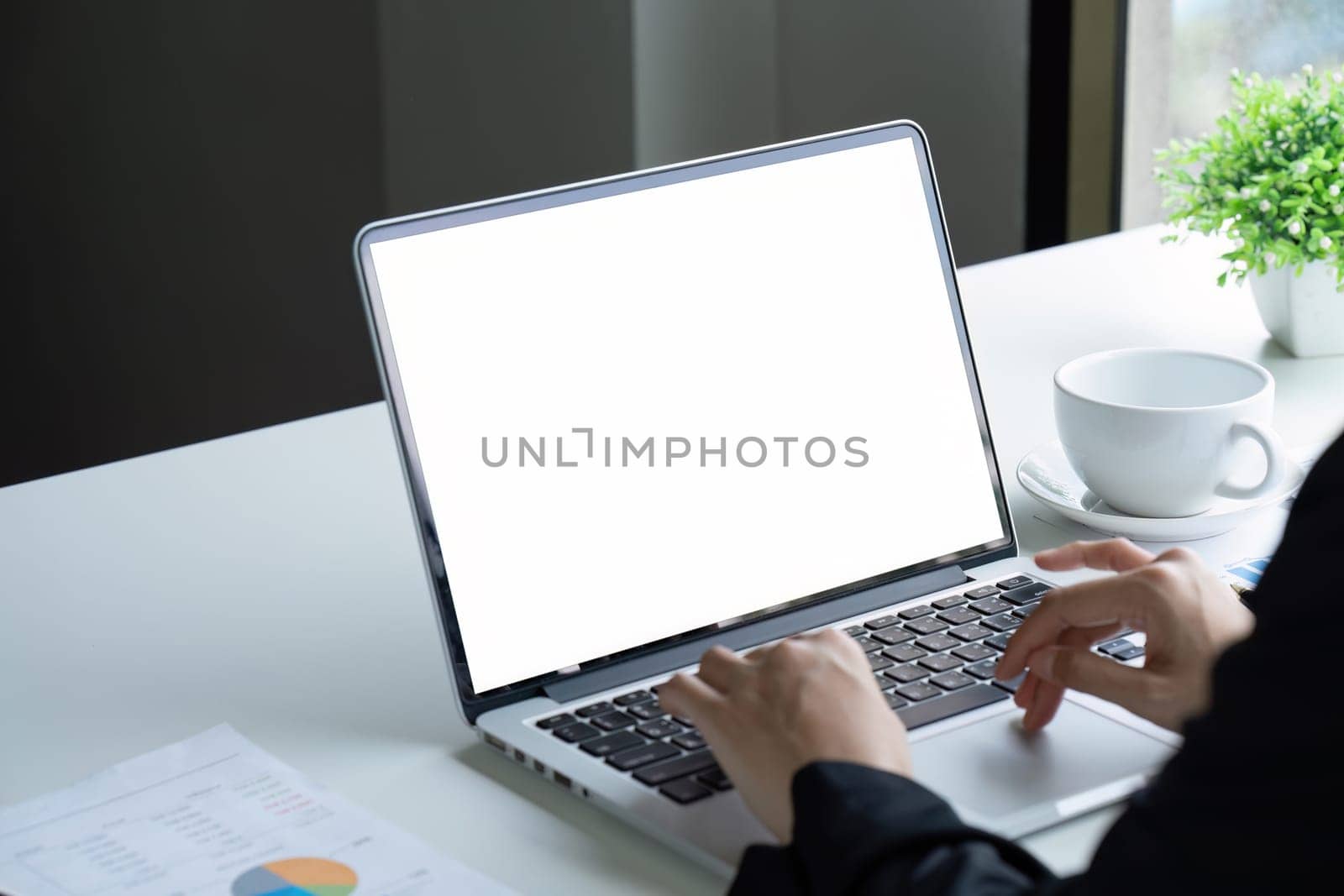 Businesswoman working on laptop with blank screen with copy space screen for your advertising text message in office.