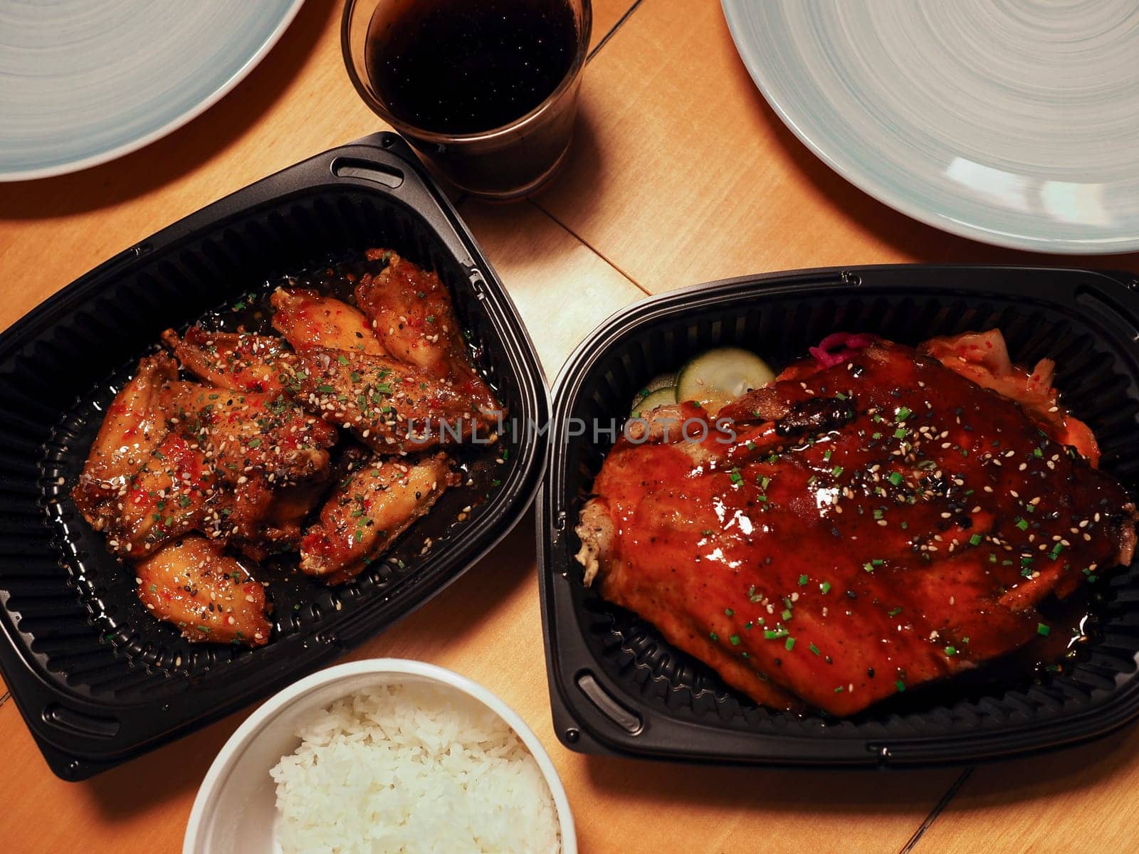 Korean pork ribs with pickles, Fried chicken Wings and rice. Asian street food. by ImagesRouges