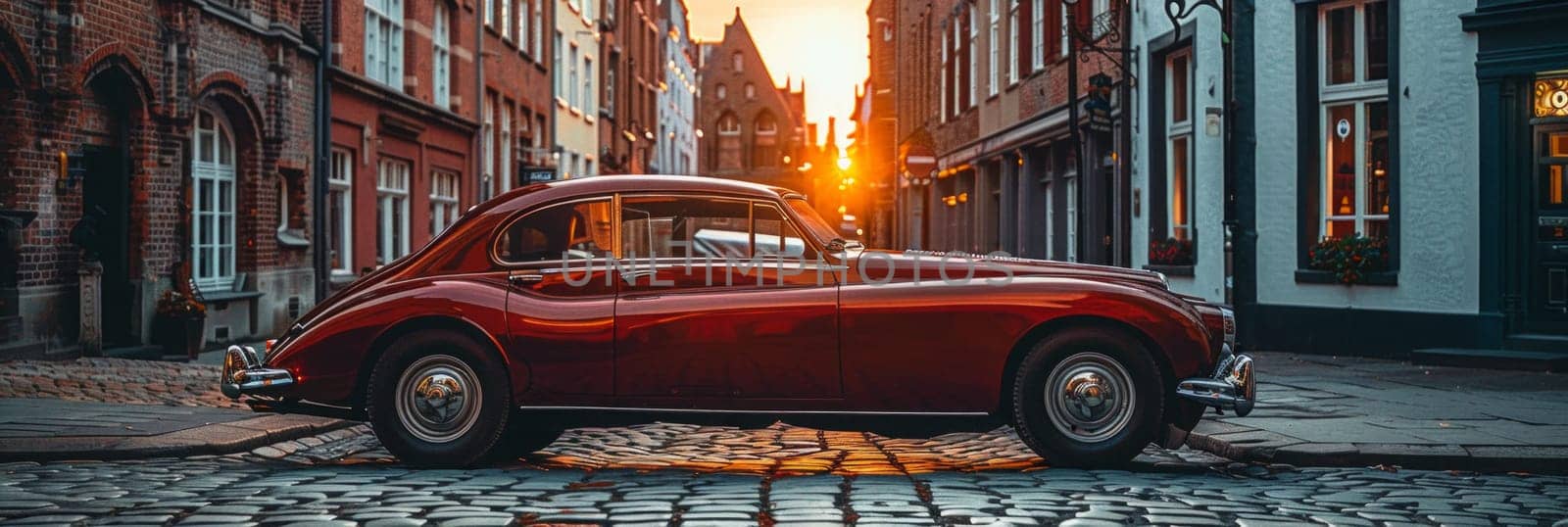 A vibrant red car is parked gracefully on a rustic cobblestone street, exuding elegance and charm under the warm sunlight.