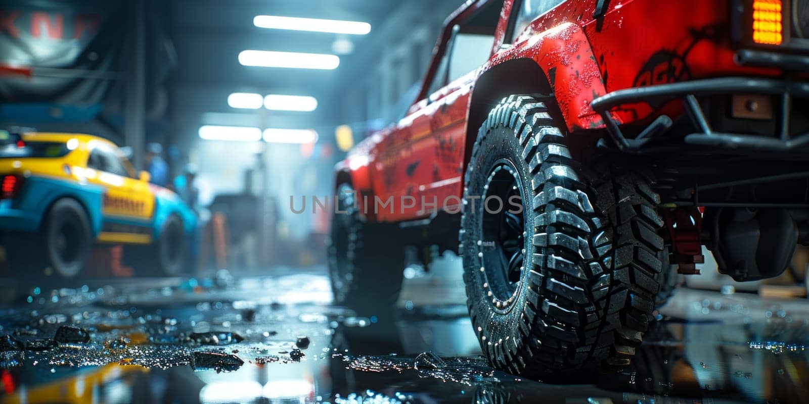 A vibrant red truck is parked next to a shiny yellow car in a service station garage.