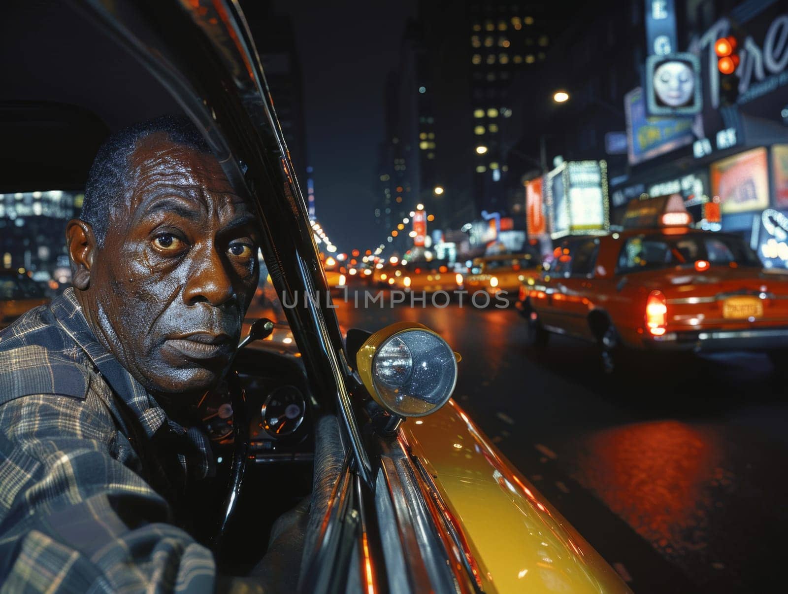 A mysterious man sits in his taxi on a deserted city street, bathed in the glow of the dimly lit night, waiting for his next passenger.