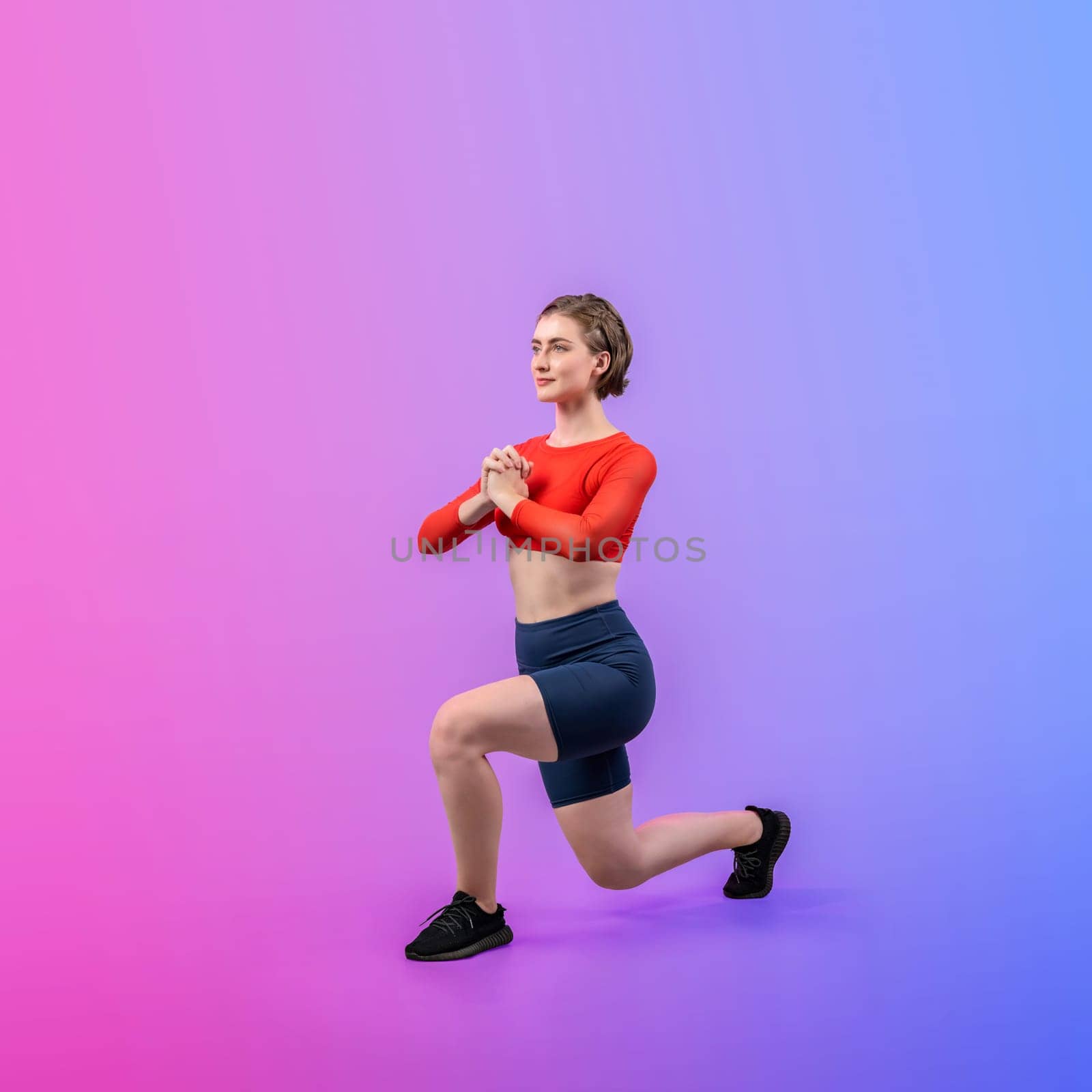 Full body length gaiety shot athletic and sporty woman doing healthy and meditative yoga exercise workout posture on isolated background. Healthy active and body care lifestyle