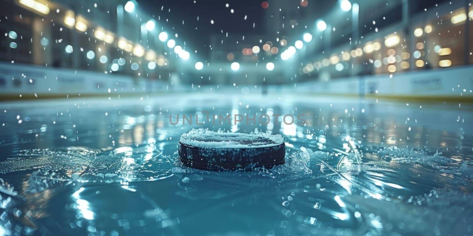 A hockey rink with a solitary puck resting in the center, waiting to be put in motion by players in a fast-paced game of strategy and skill.