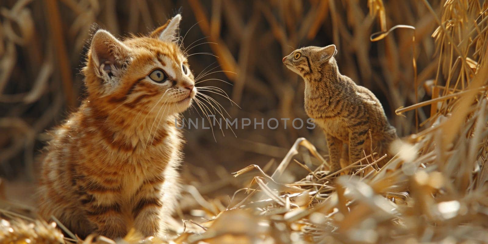 Two small cats bravely survey their surroundings from atop a field of dry grass, their delicate forms contrasting against the vast expanse by but_photo