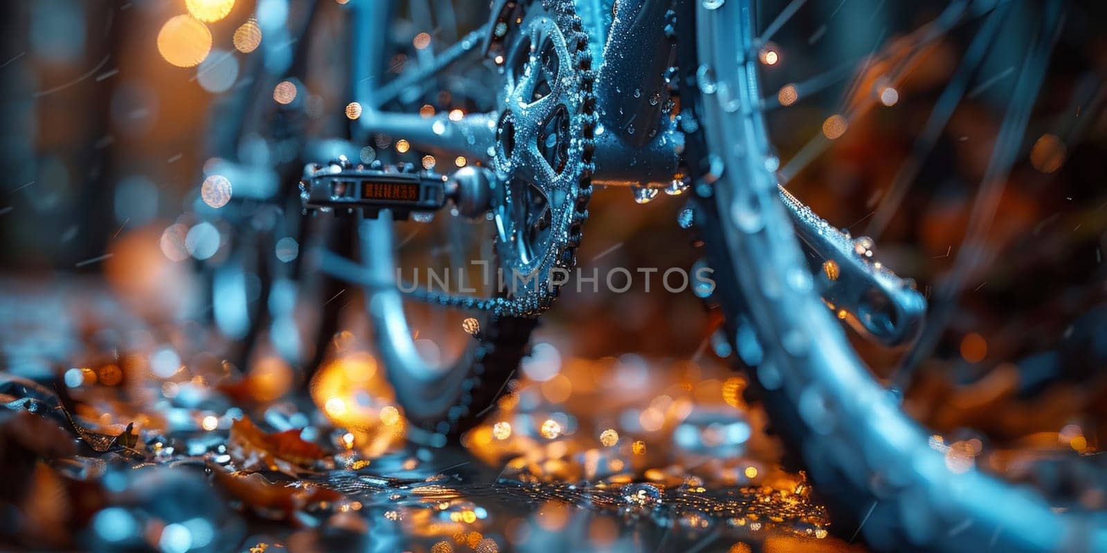 A close-up view of a bike covered in water droplets.