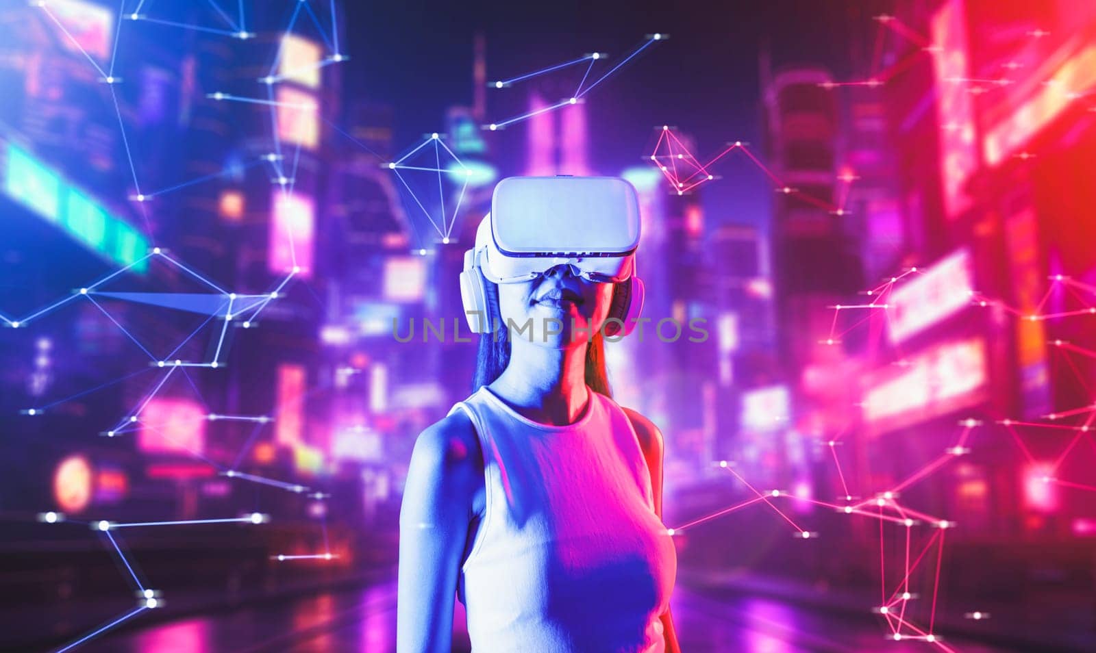 Smart female connect metaverse look faraway to virtual building. Hallucination. by biancoblue