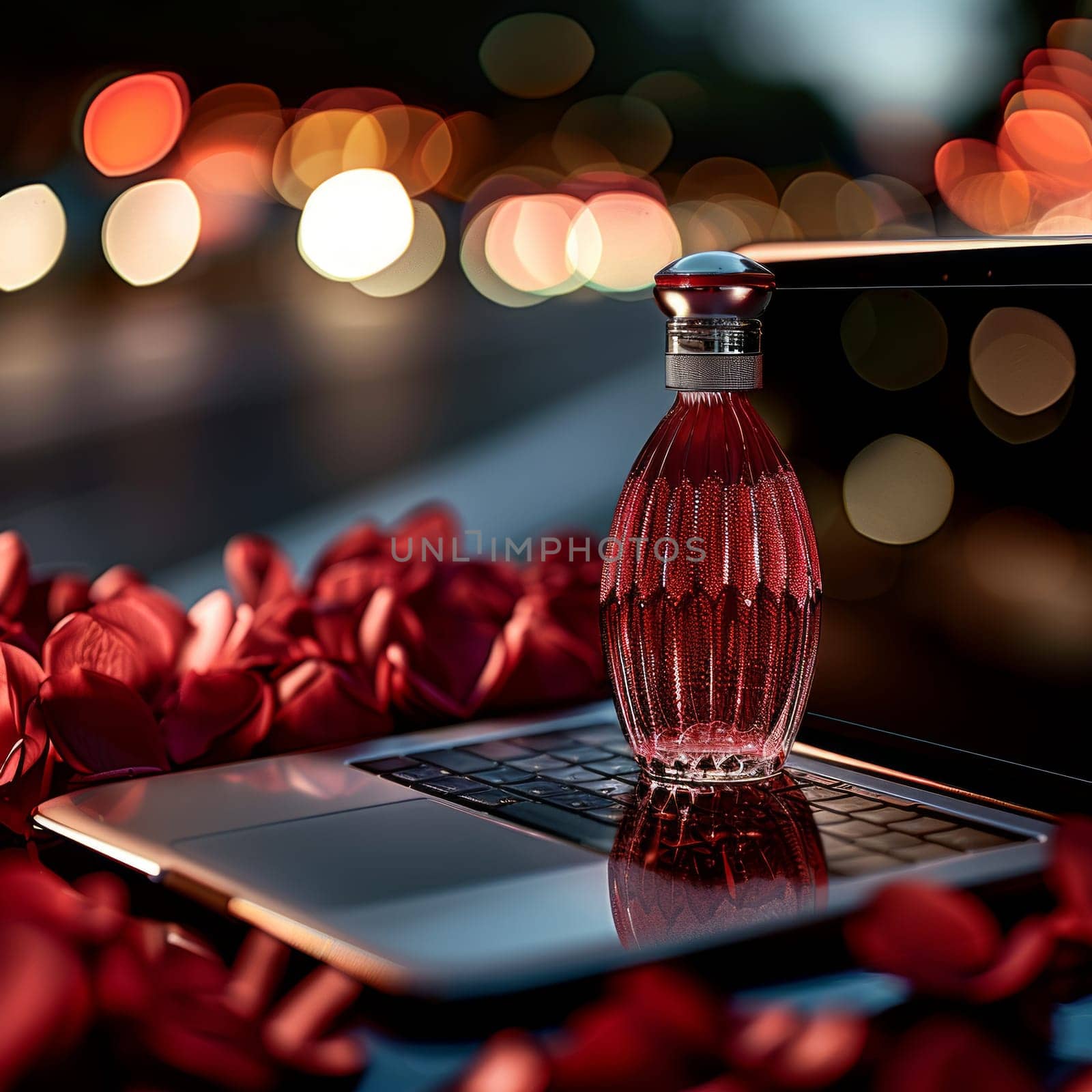 A vibrant red bottle rests on top of an open laptop computer, creating a striking contrast of colors by but_photo