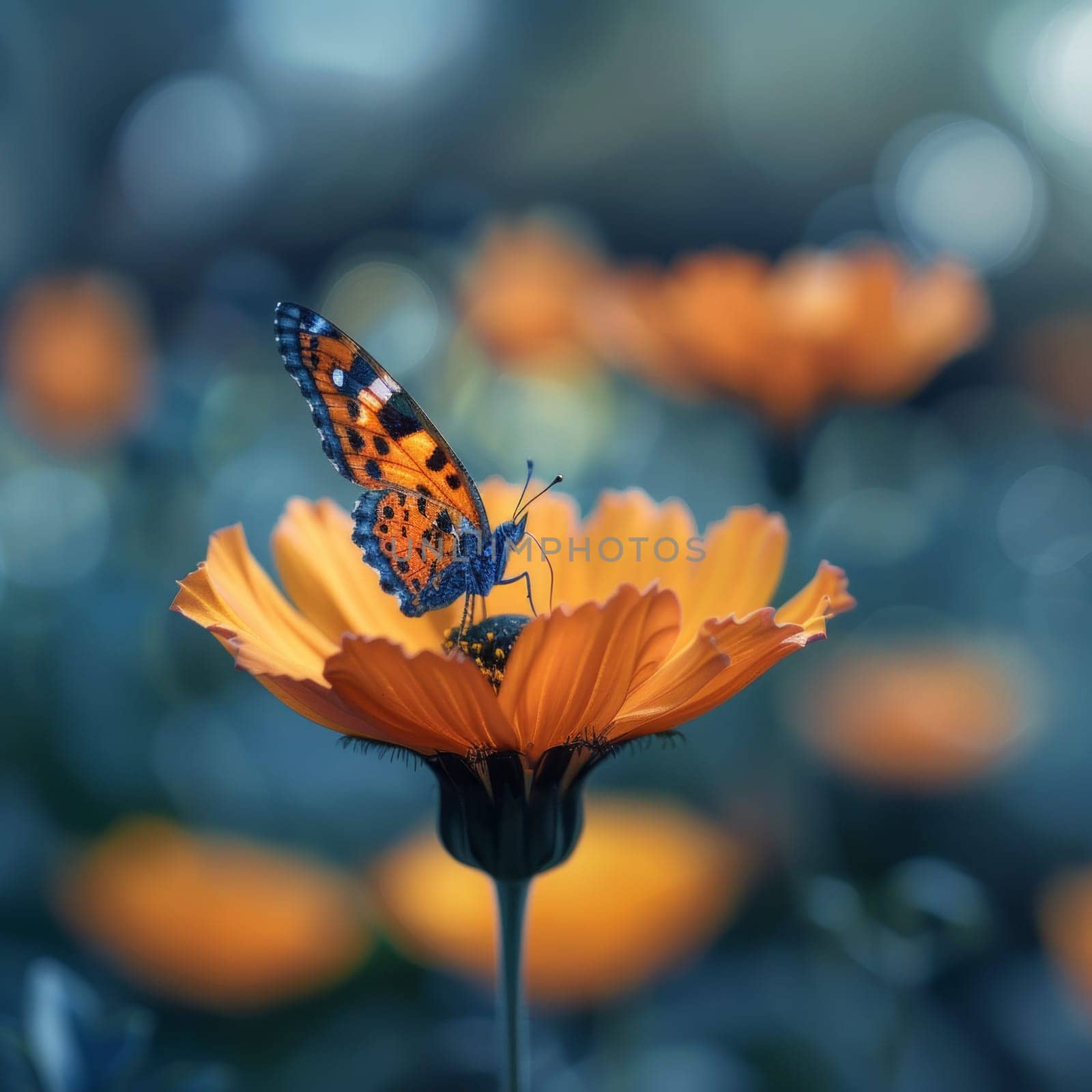 A vibrant butterfly elegantly perches on a bright yellow flower, casting a beautiful and peaceful scene.