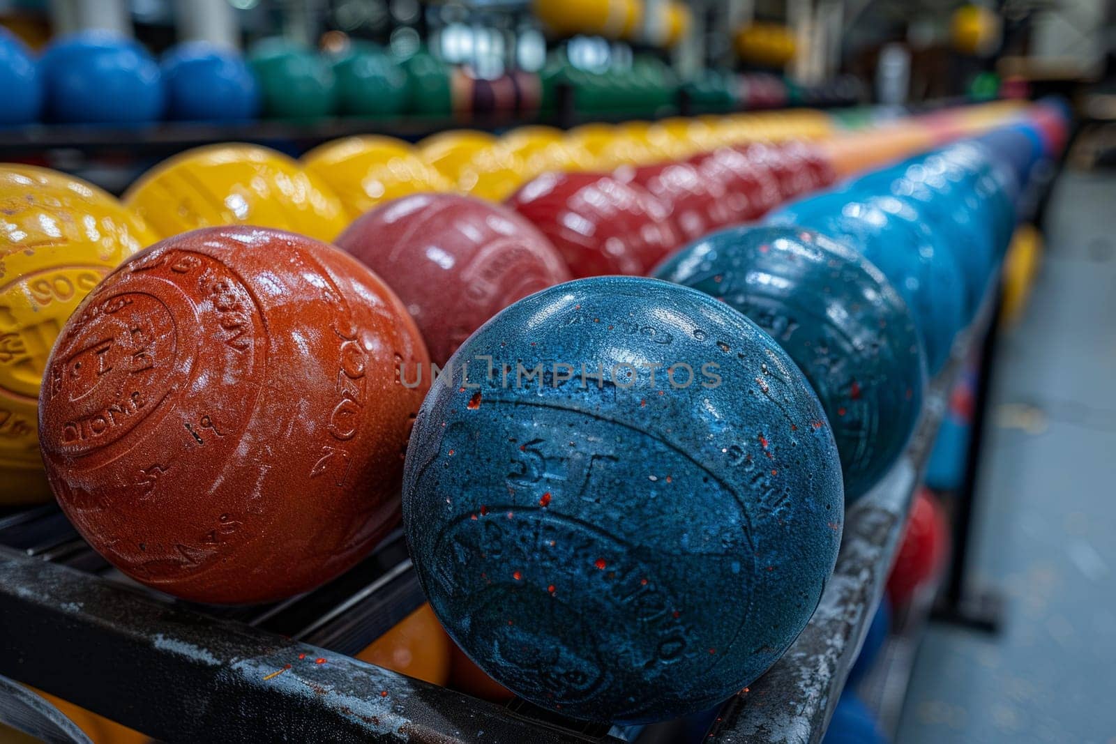 A collection of colorful fitness balls elegantly perched on a sleek metal rack, creating a vibrant and playful display.