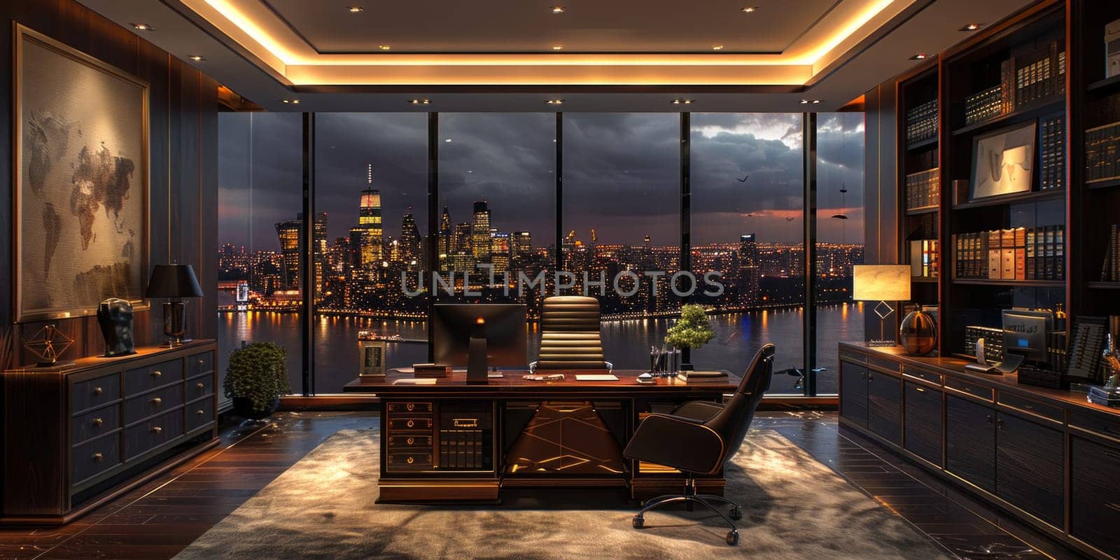 A spacious office with floor-to-ceiling windows revealing a stunning cityscape view filled with skyscrapers and bustling streets by but_photo