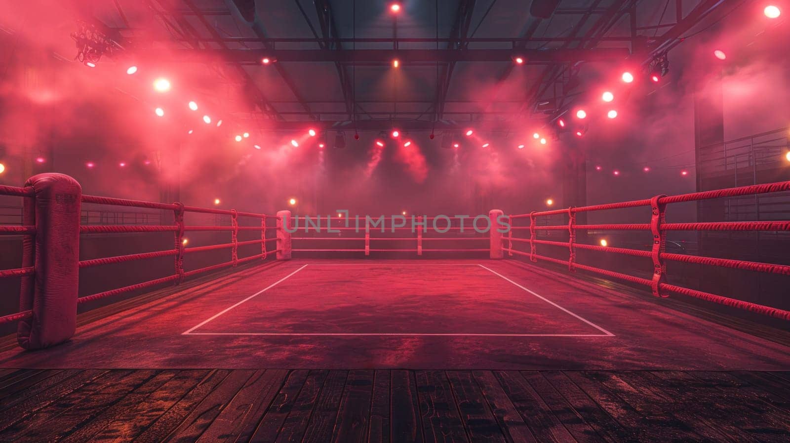 A spacious room filled with an array of red lights illuminating a pink boxing ring in the center.