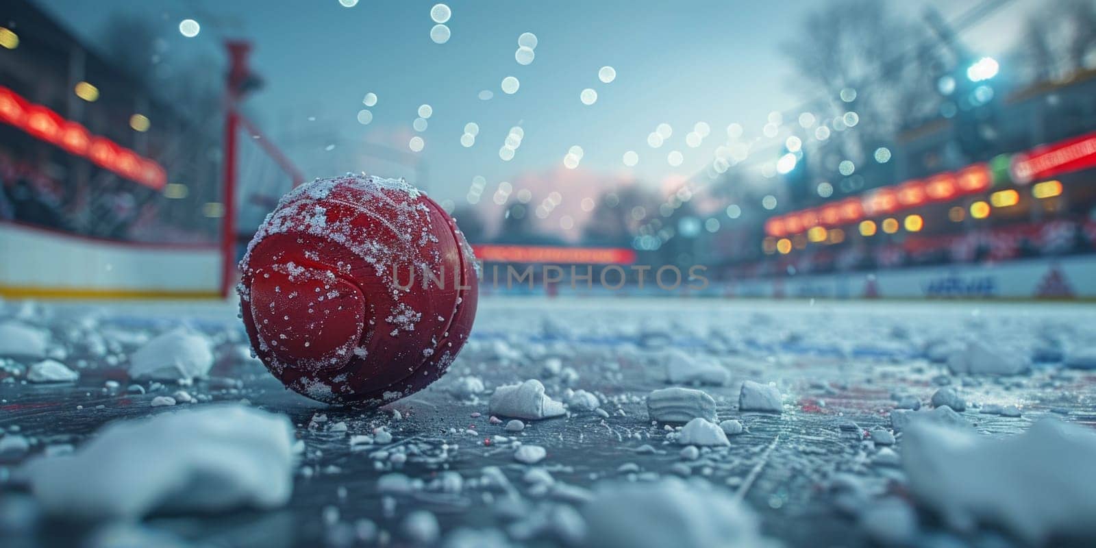 A vibrant red ball, resembling a hockey puck, peacefully sits atop a serene blanket of snow on the ground by but_photo