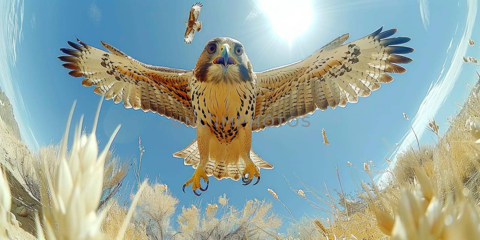 A powerful eagle with outstretched wings gracefully glides through a vast expanse of blue sky.