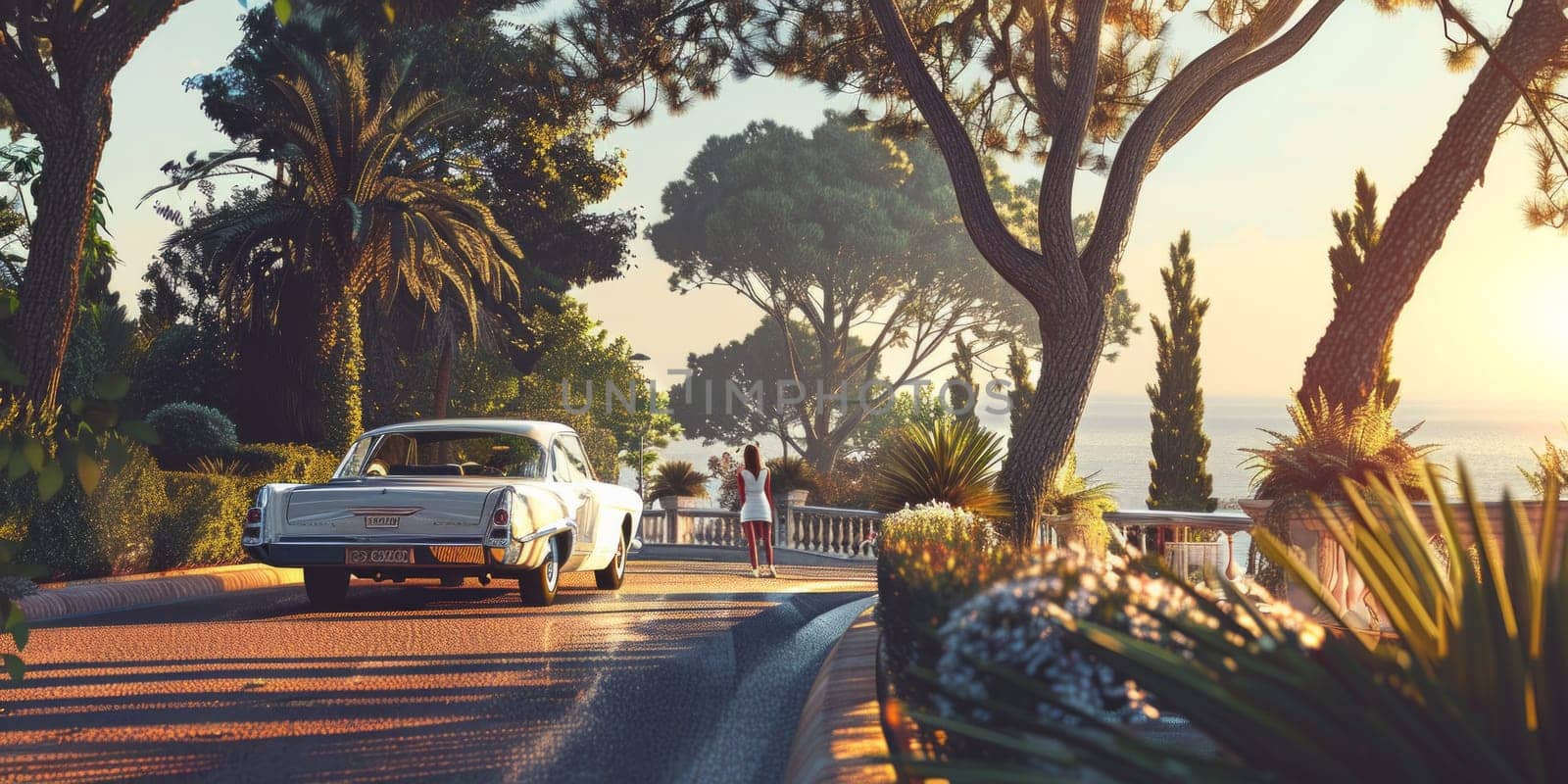 A sleek white car smoothly navigates down a tree-lined road with lush greenery on either side, embodying a sense of peaceful travel through nature.