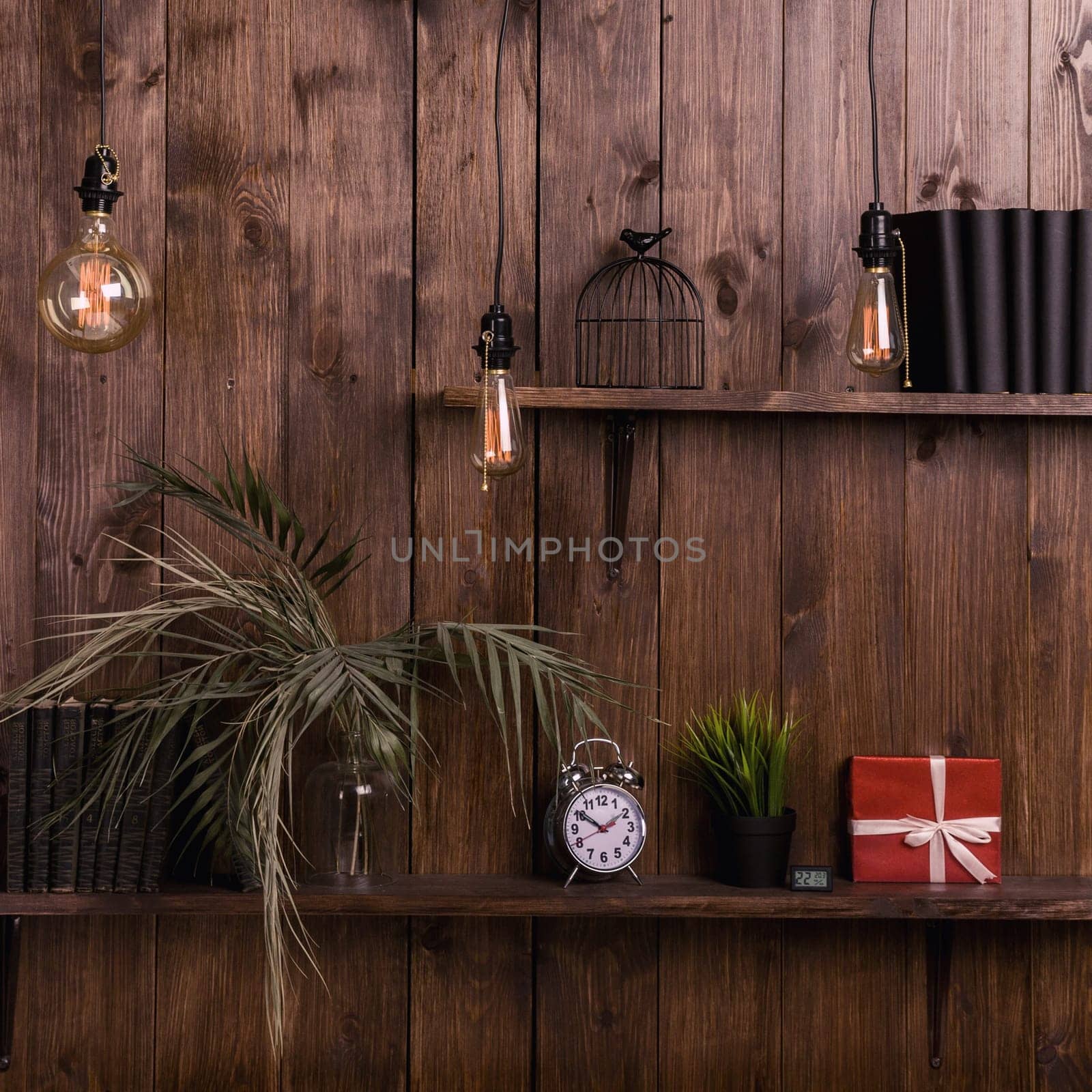 Stylish wooden wall with shelves in mahogany loft style. by zartarn